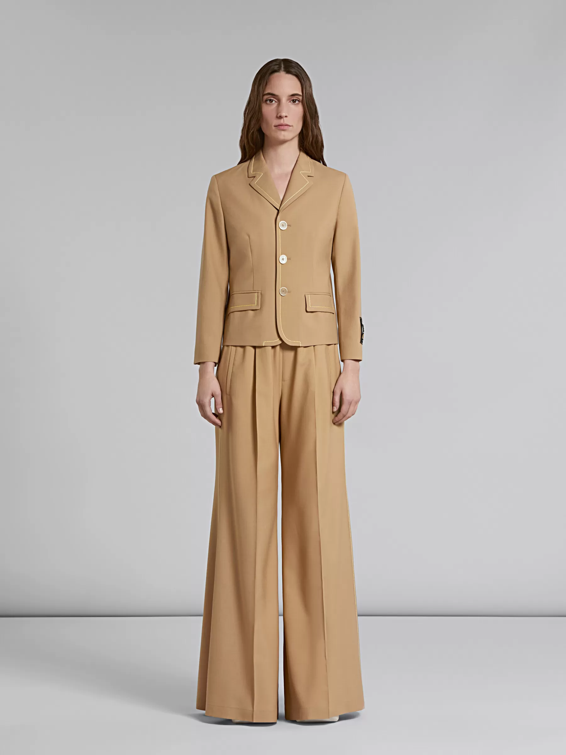 Marni Beige Flared Wool Trousers With Logo Waist DIJON Flash Sale