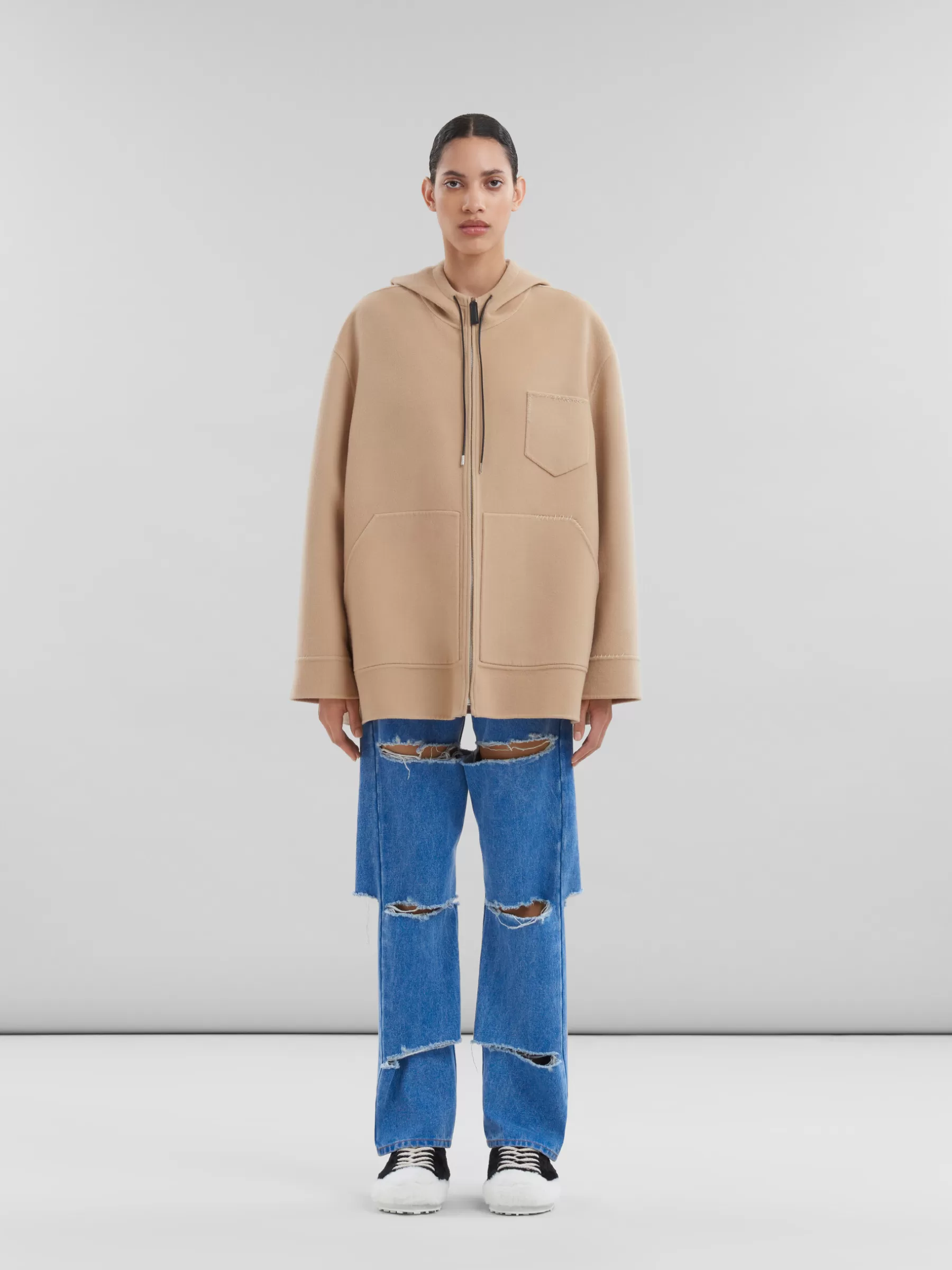 Marni Beige Wool-cashmere Parka With Mending LIGHTCAMEL Best Sale