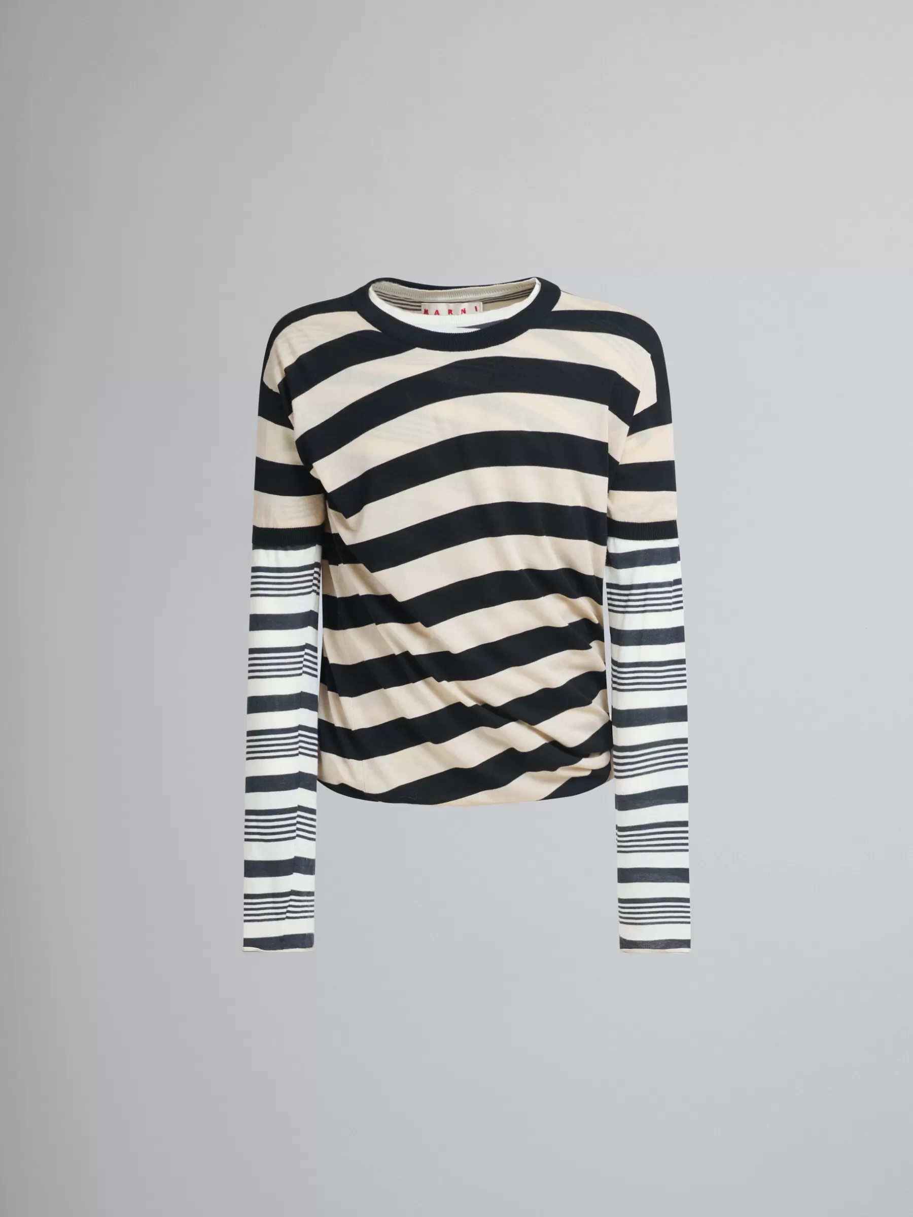 Marni Black And White Layered Cotton Crew-neck With Contrast Stripes GLASS Store