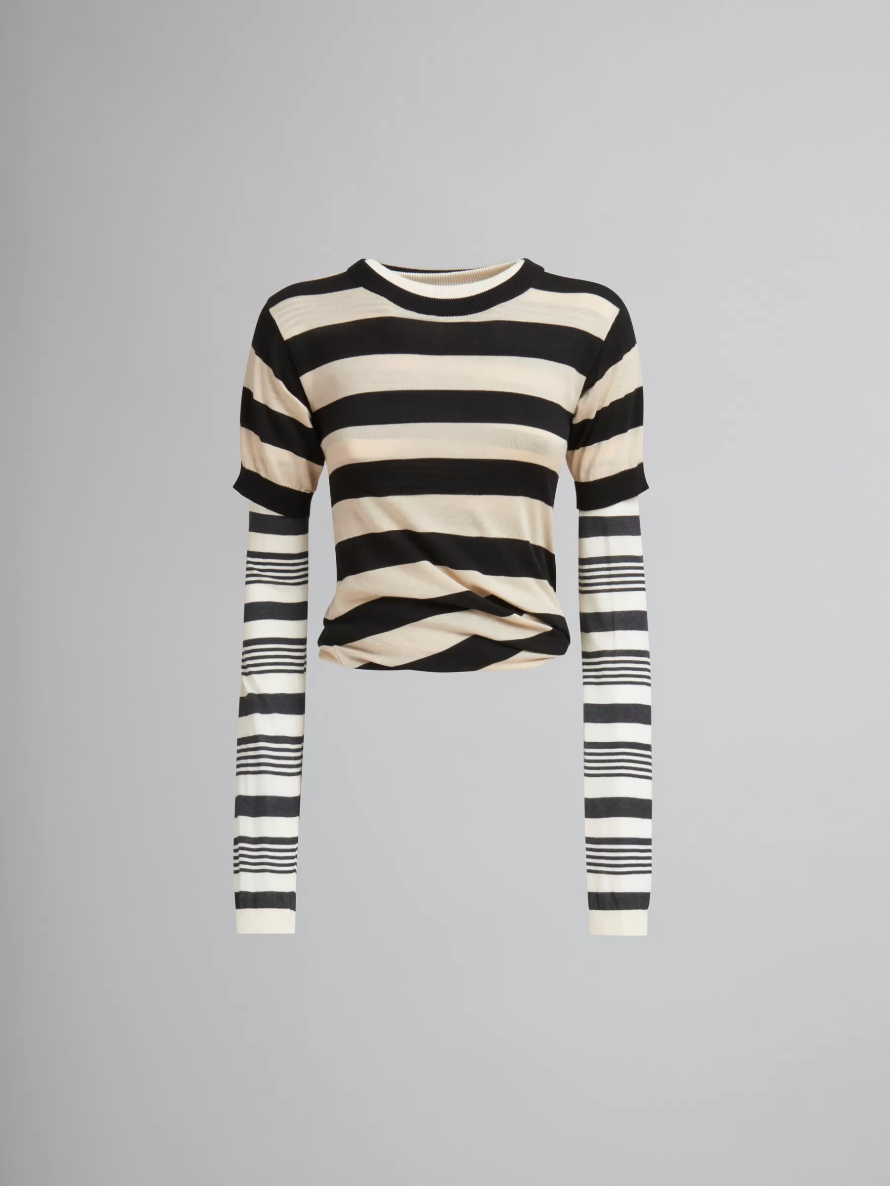 Marni Black And White Layered Cotton Crew-neck With Contrast Stripes GLASS Discount