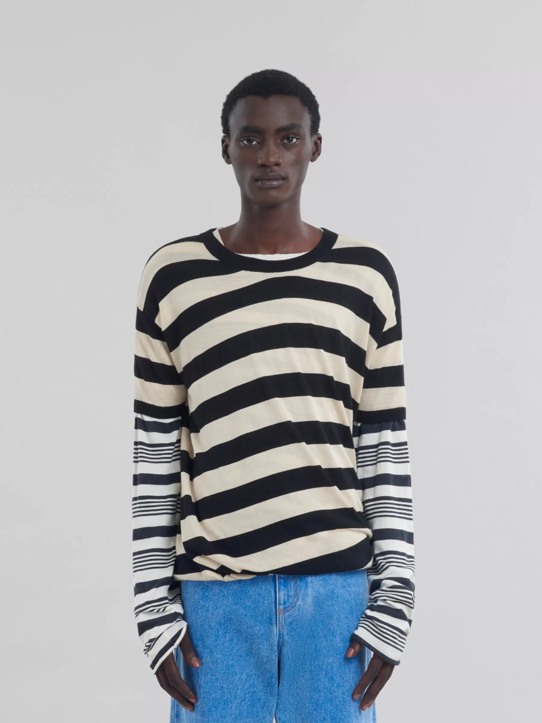 Marni Black And White Layered Cotton Crew-neck With Contrast Stripes GLASS Store