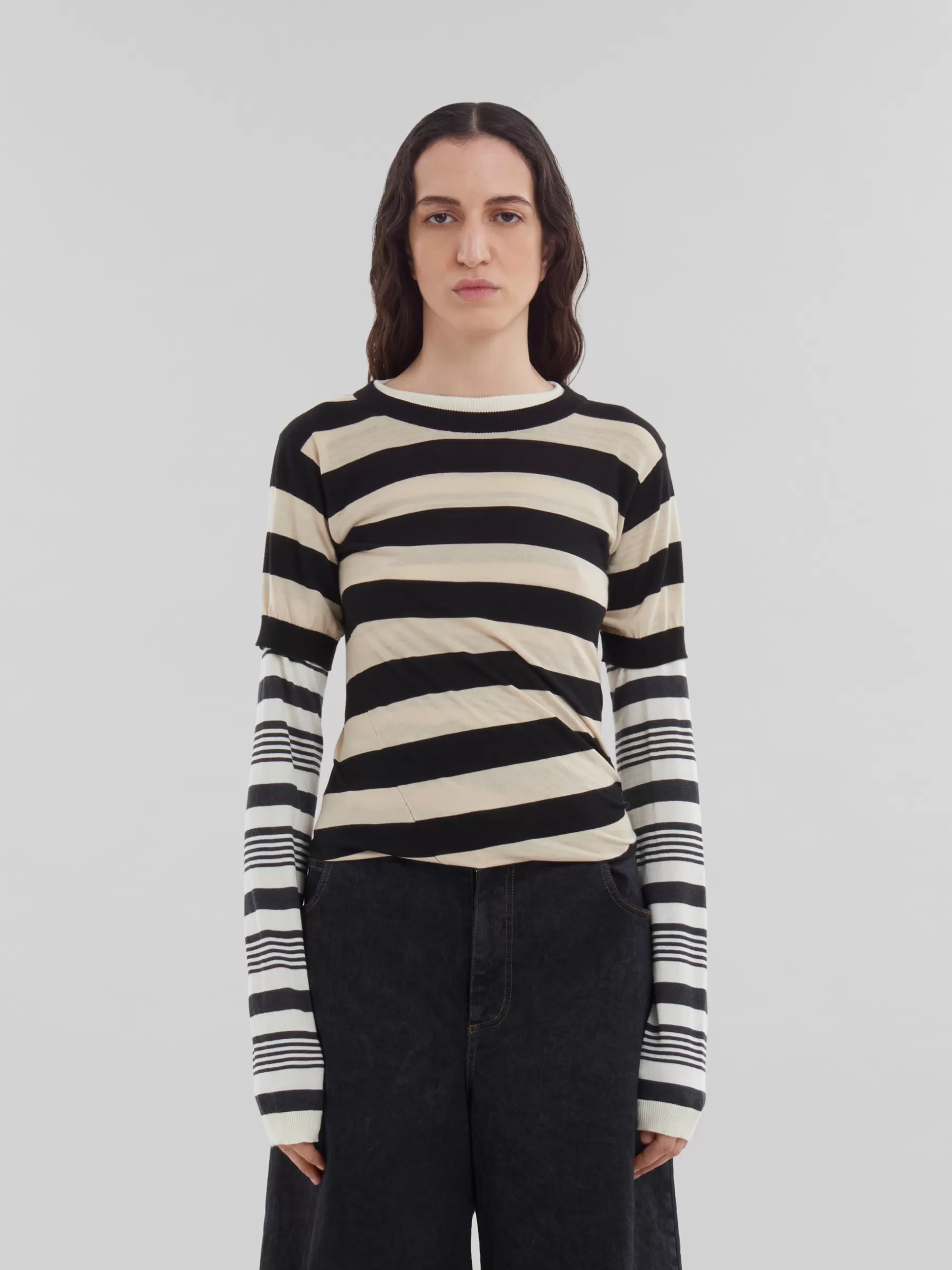 Marni Black And White Layered Cotton Crew-neck With Contrast Stripes GLASS Discount