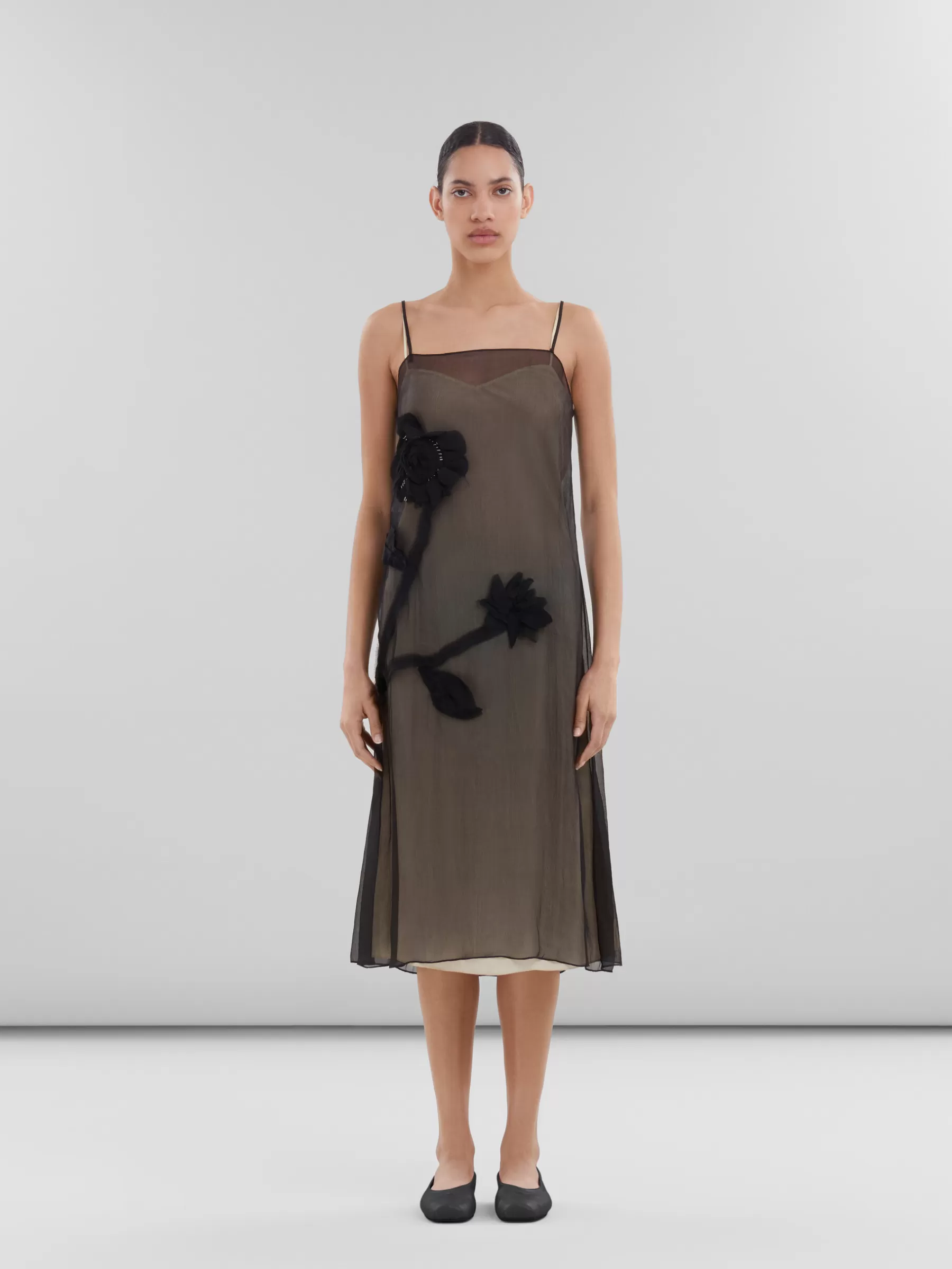 Marni Crepon Slip Dress With Flower Appliqués BLACK Best Sale