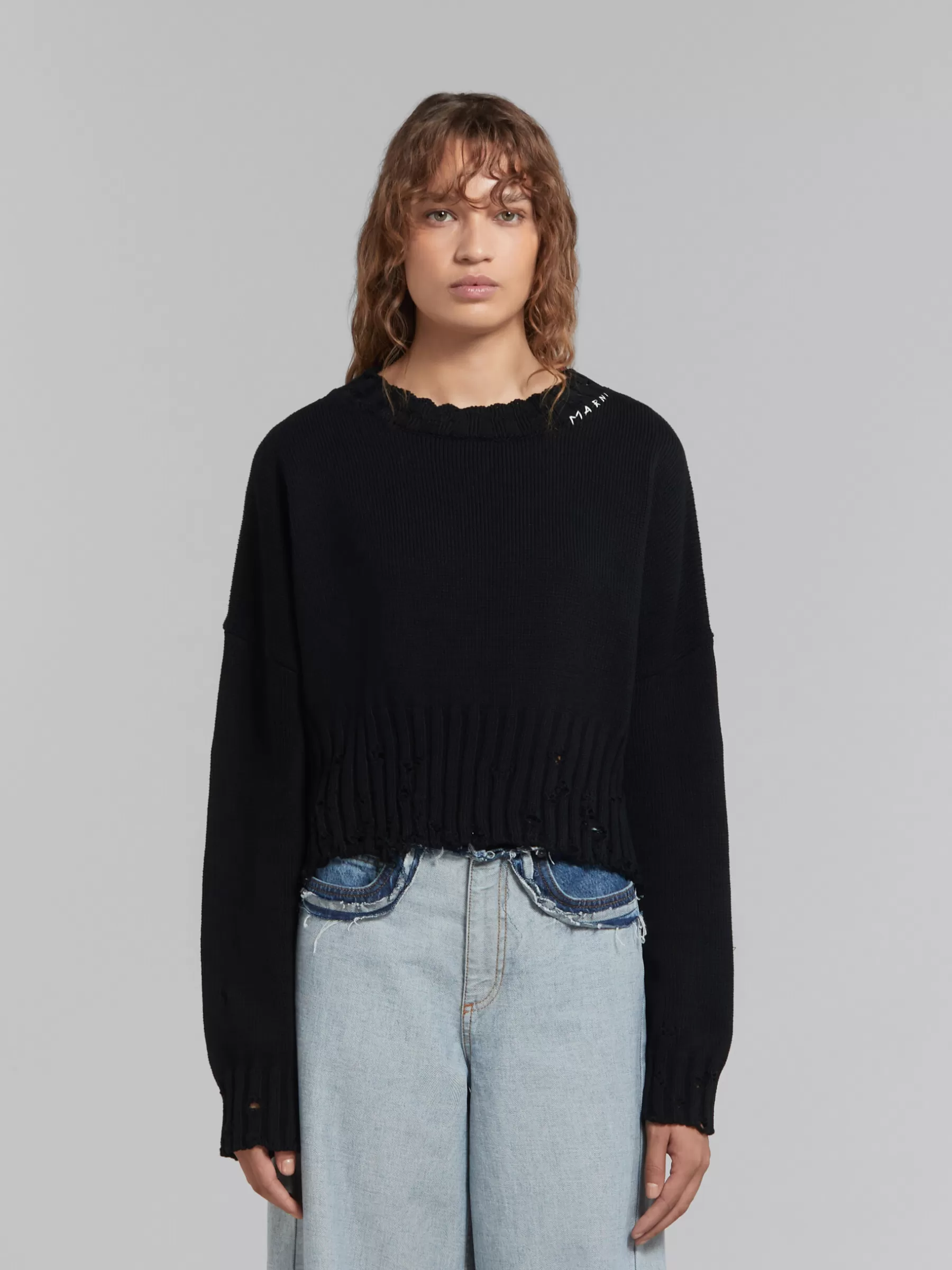 Marni Dishevelled Cotton Cropped Jumper BLACK Clearance