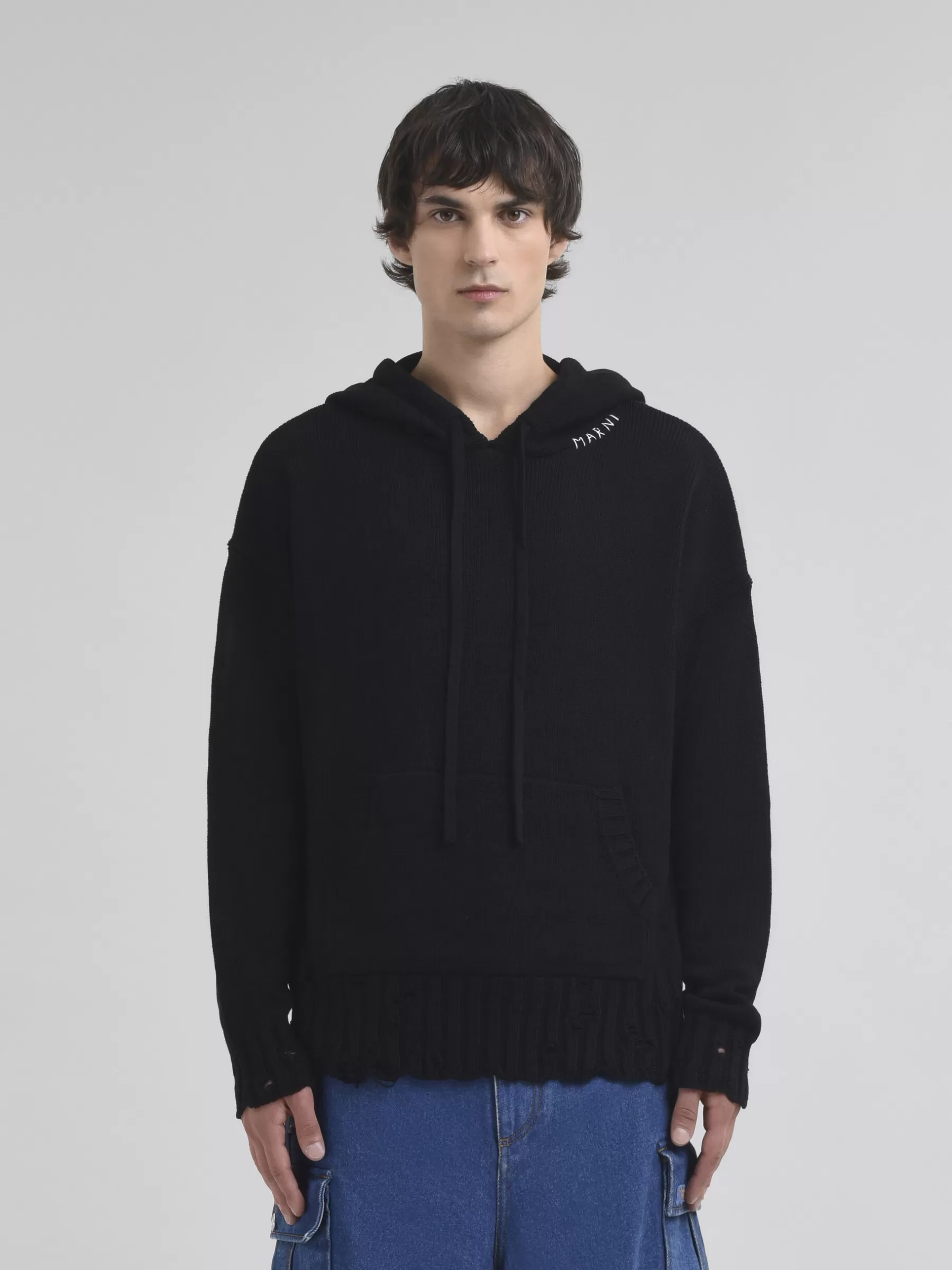 Marni Dishevelled Cotton Hoodie With Mending BLACK Hot