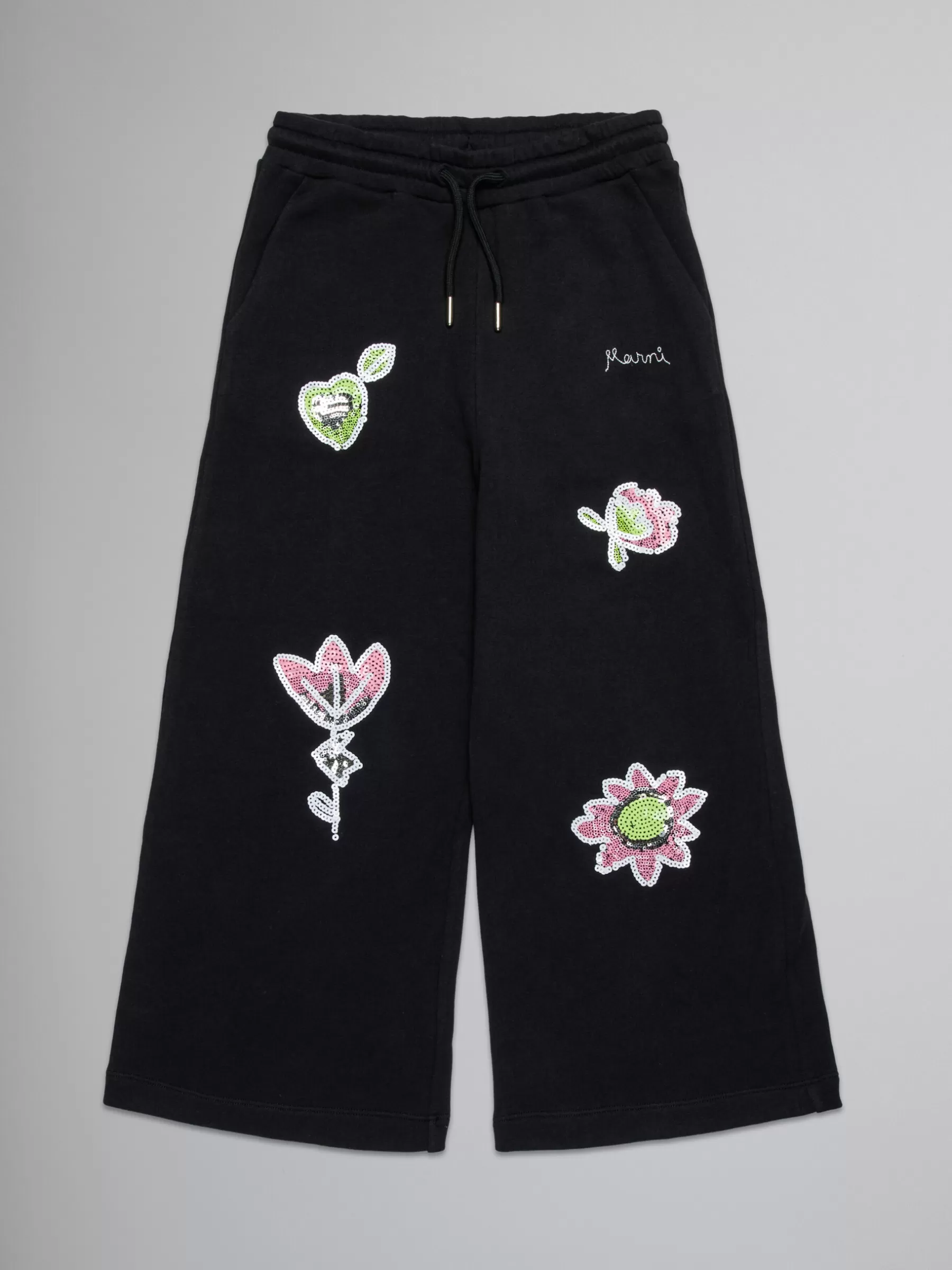 Marni Fleece Wide Trousers With Sequined Flowers BLACK Discount