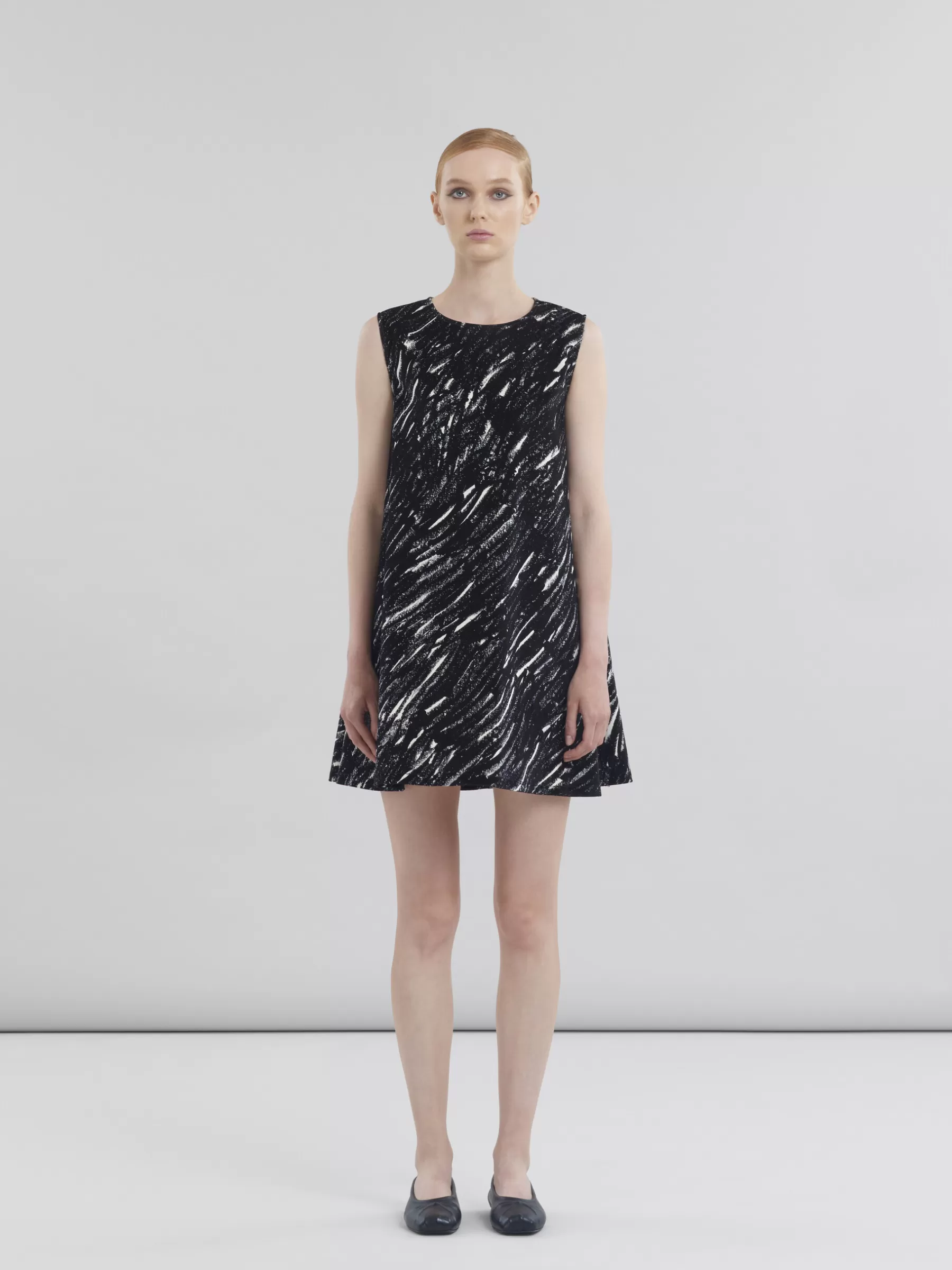 Marni Flocked Denim Flared Dress With Crayon Print BLACK Shop