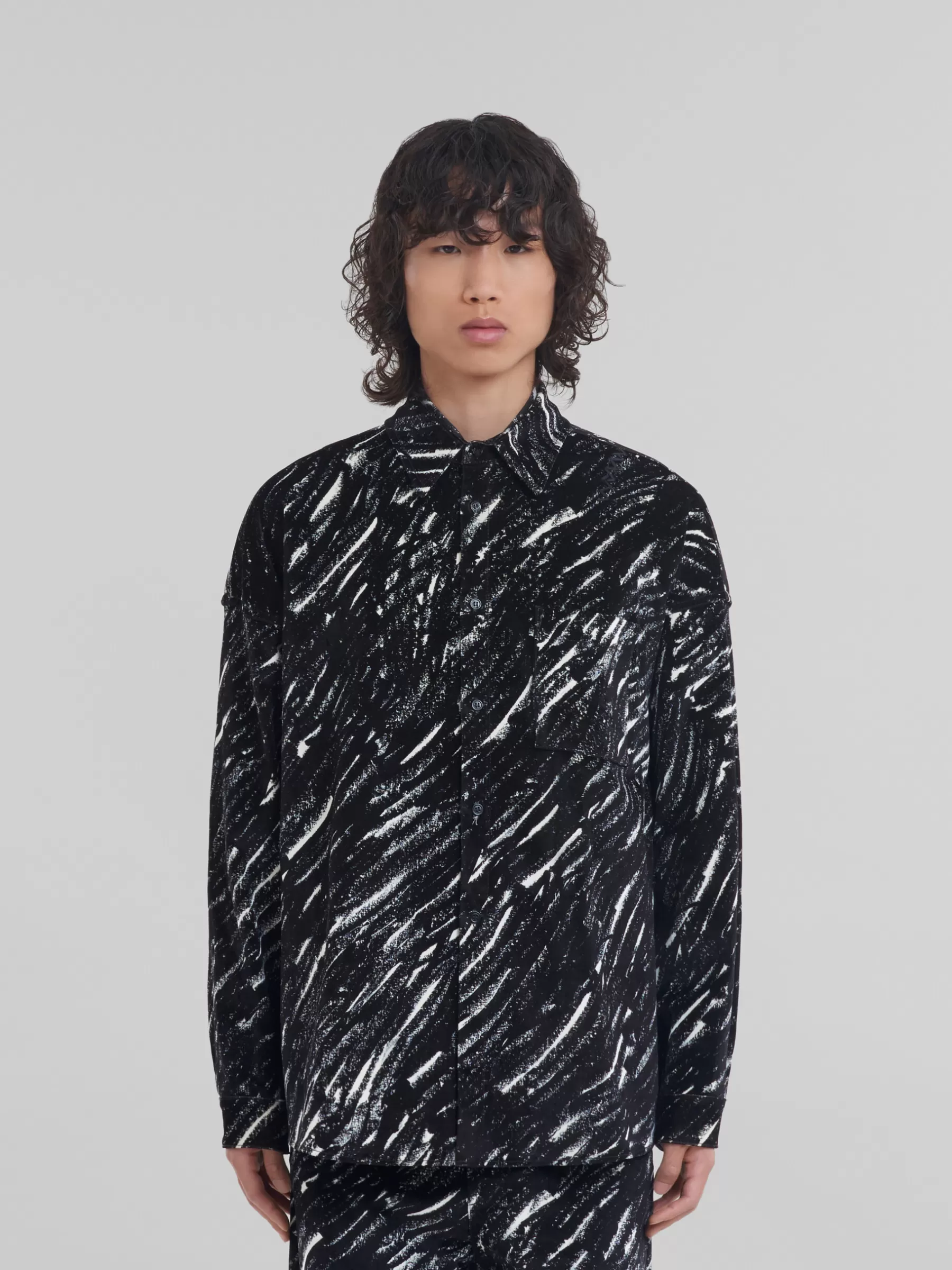 Marni Flocked Denim Oversized Shirt With Crayon Print BLACK Hot