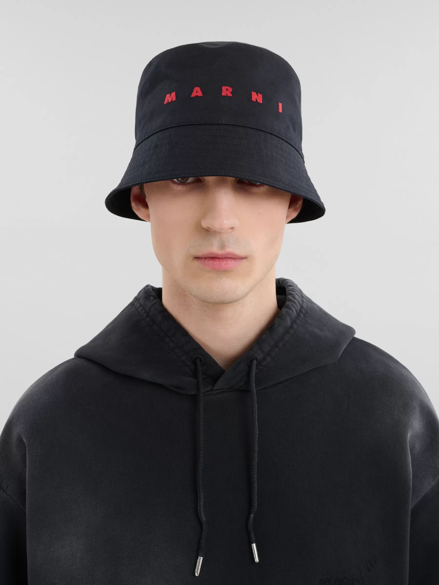 Marni Organic Gabardine Bucket Hat With Embroidered Logo BLACK Discount