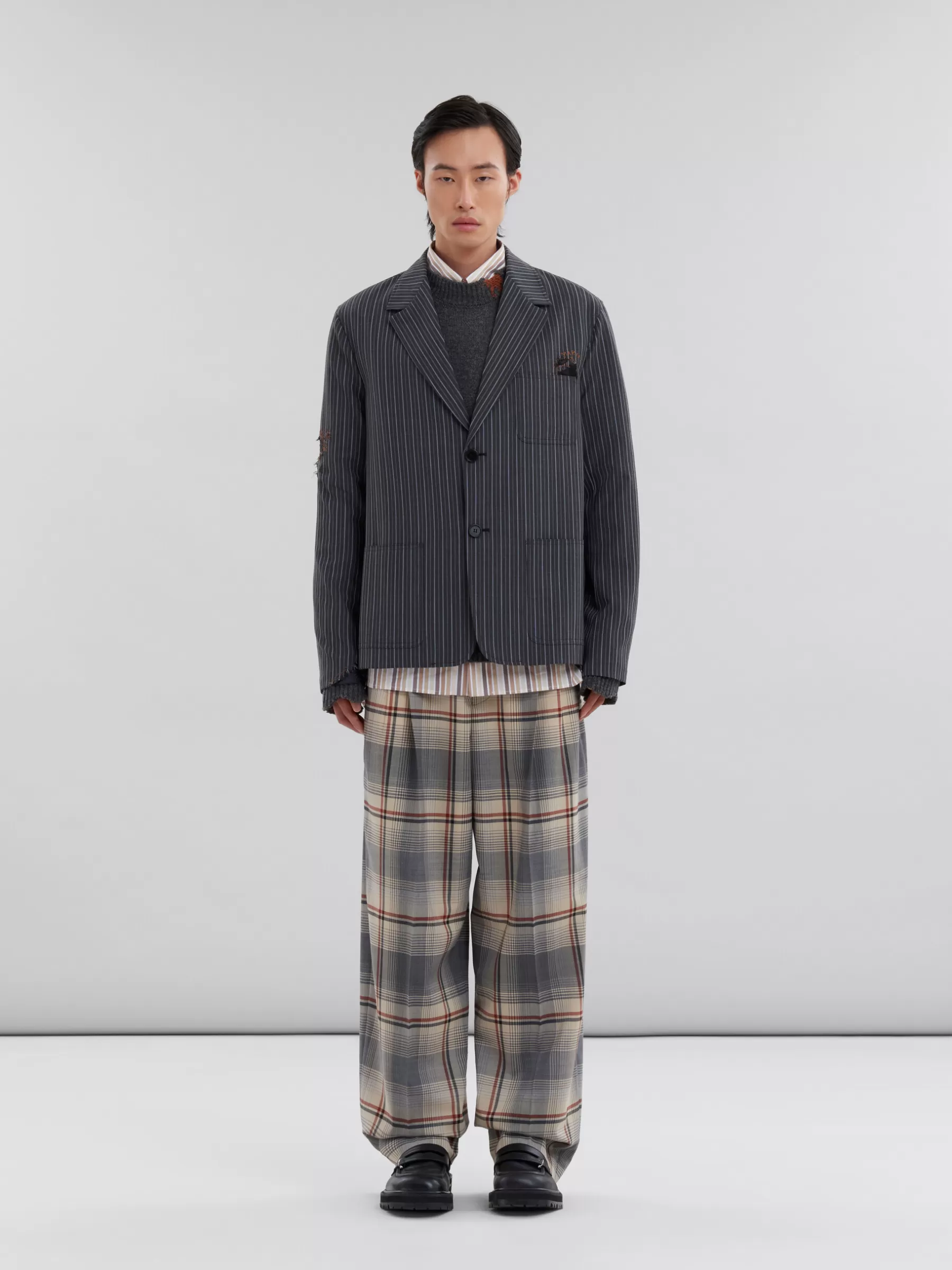 Marni Pinstripe Wool Blazer With Mending Embroidery BLACK Fashion