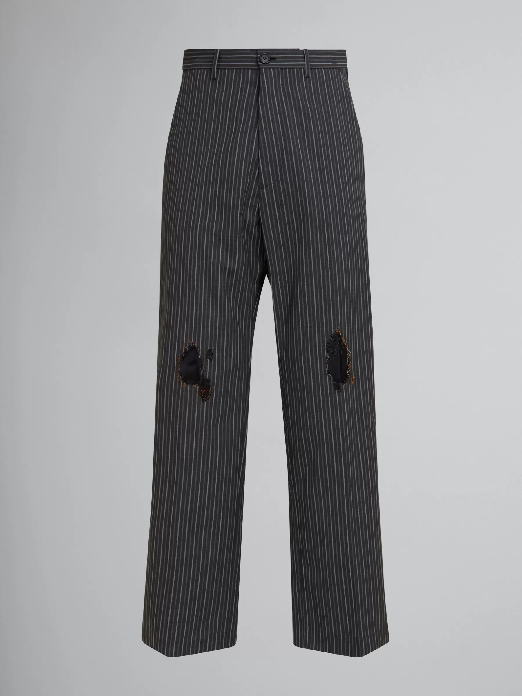 Marni Pinstripe Wool Trousers With Mending Embroidery BLACK Flash Sale