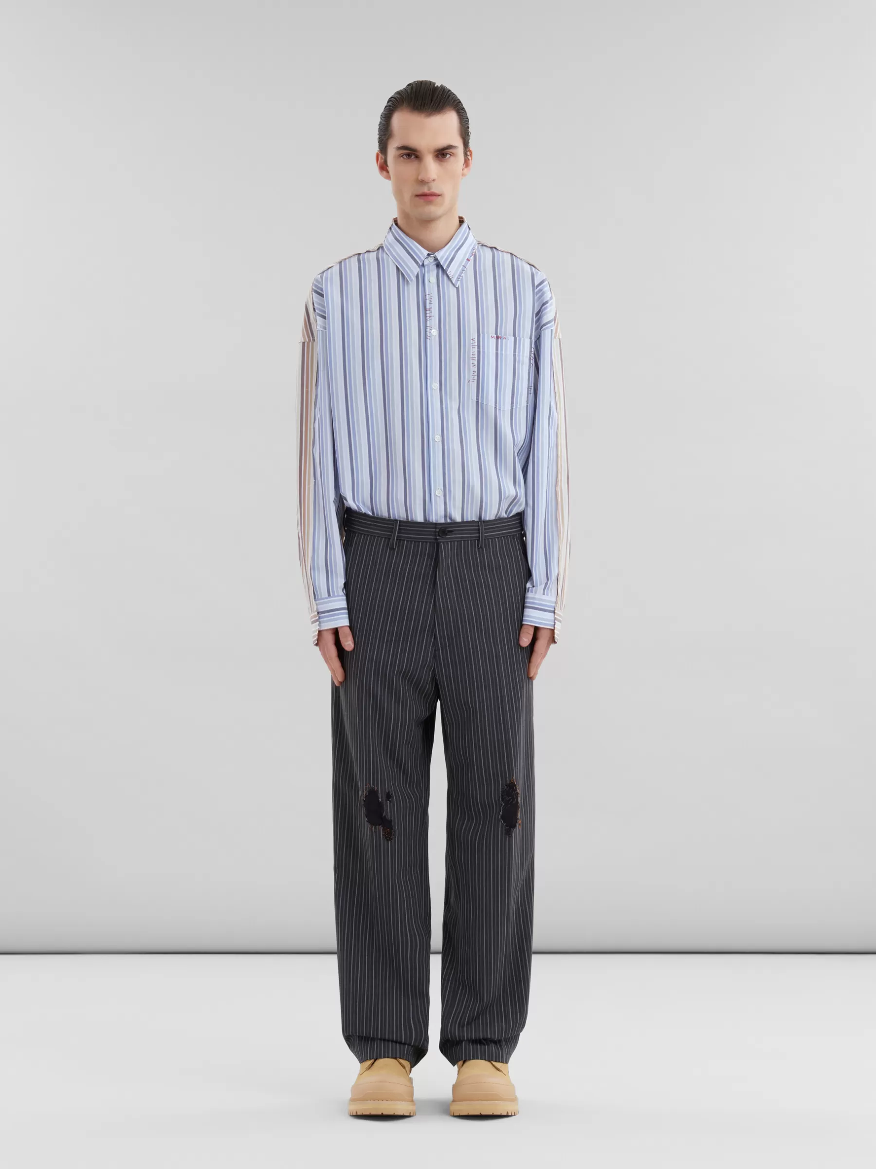 Marni Pinstripe Wool Trousers With Mending Embroidery BLACK Flash Sale