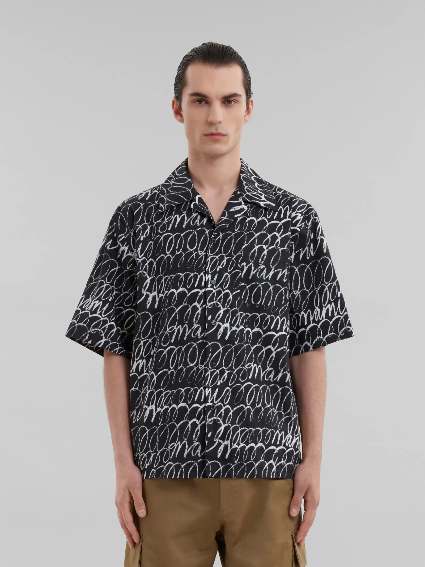 Marni Poplin Bowling Shirt With Scribble Motif BLACK Shop