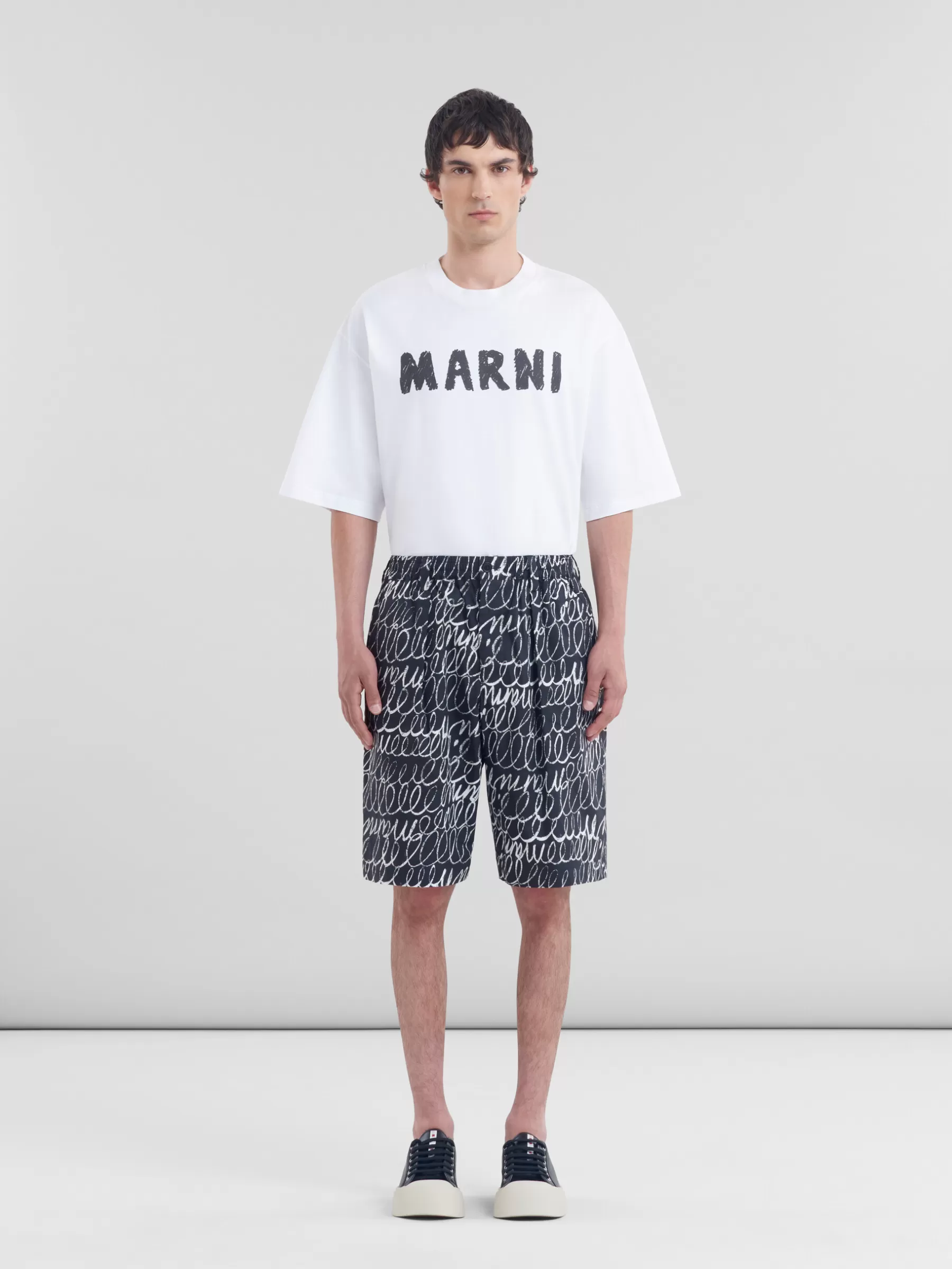 Marni Poplin Drawstring Shorts With Scribble Motif BLACK Store