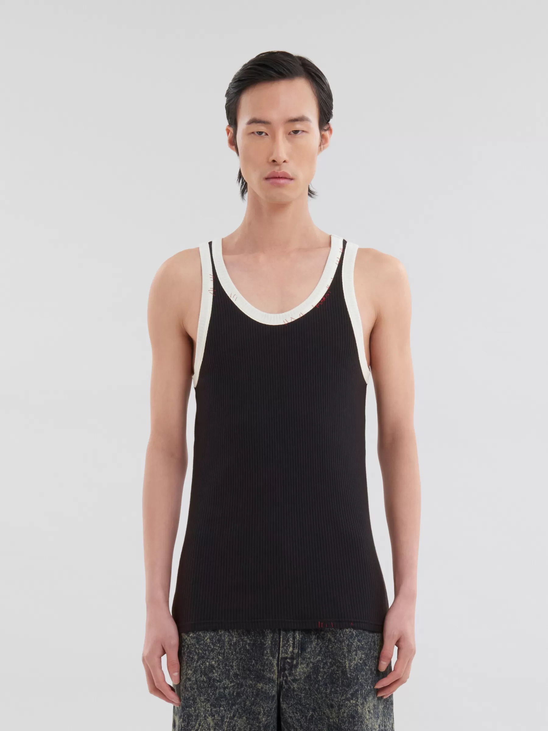 Marni Ribbed Cotton Tank Top With Mending BLACK Cheap