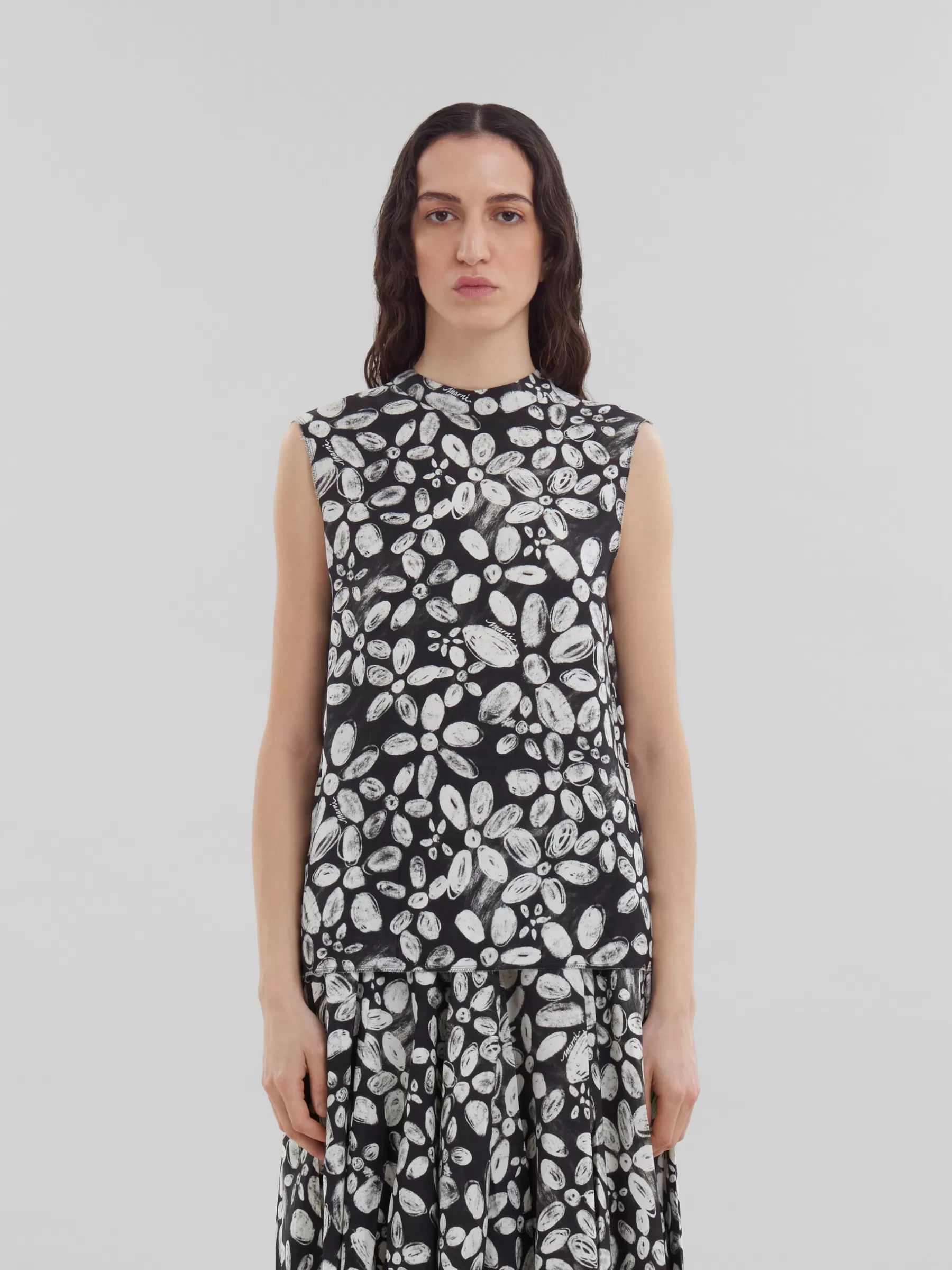 Marni Satin-back Crêpe Sleeveless Top With Blooming Print BLACK Flash Sale