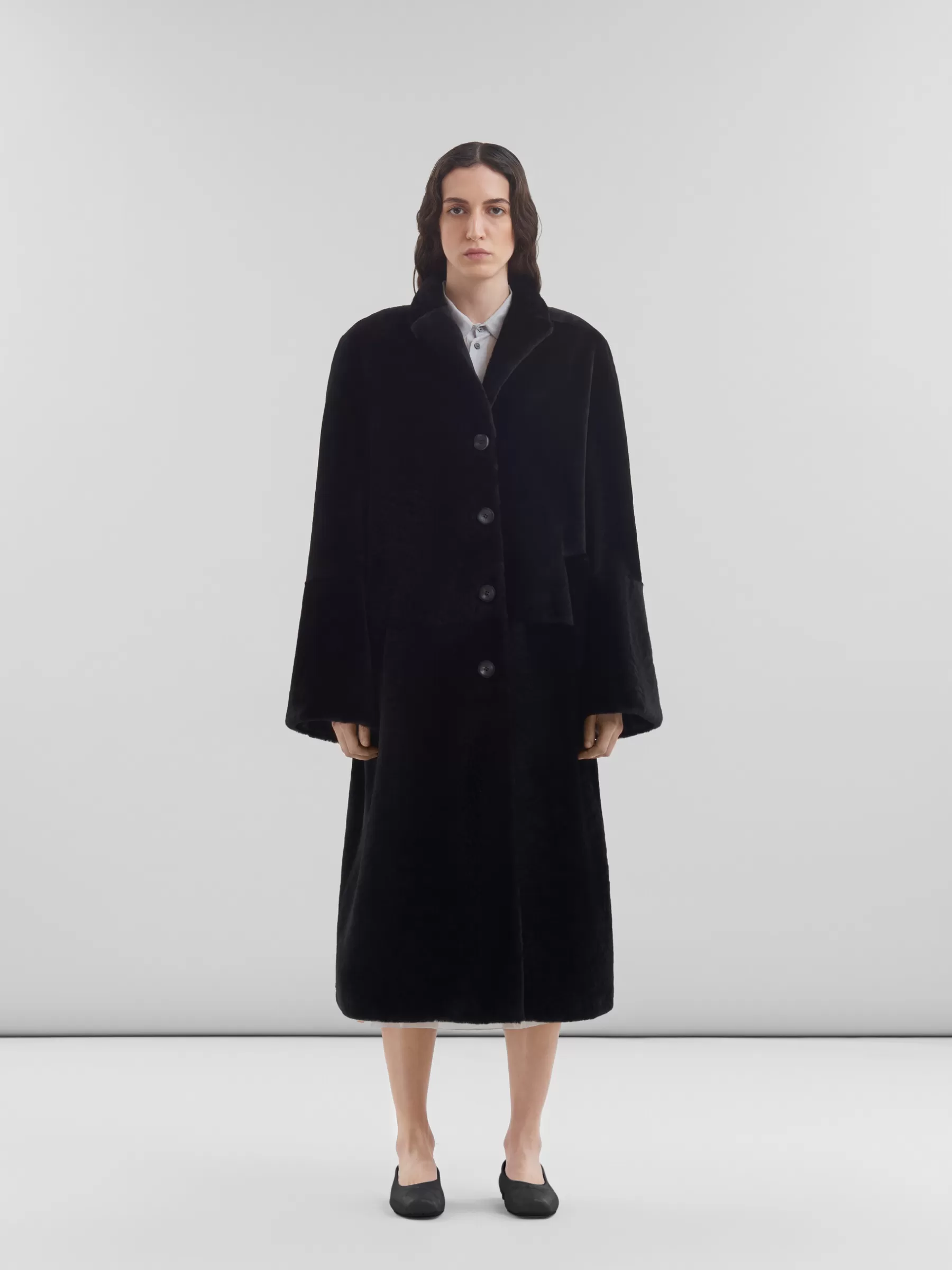 Marni Shaved Shearling Coat With Padded Shoulders BLACK Sale