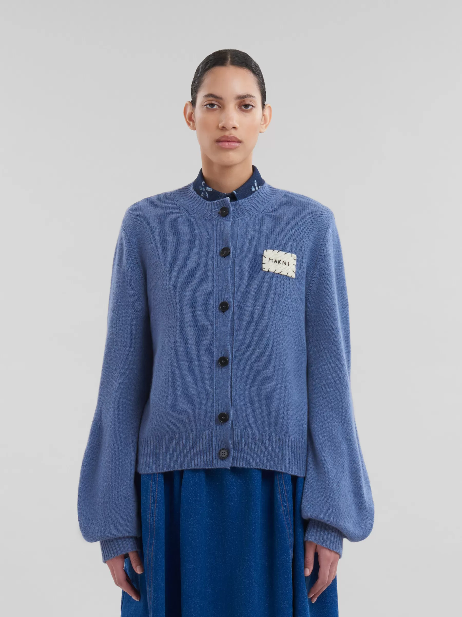 Marni Blue Cashmere Cardigan With Patch OPAL New