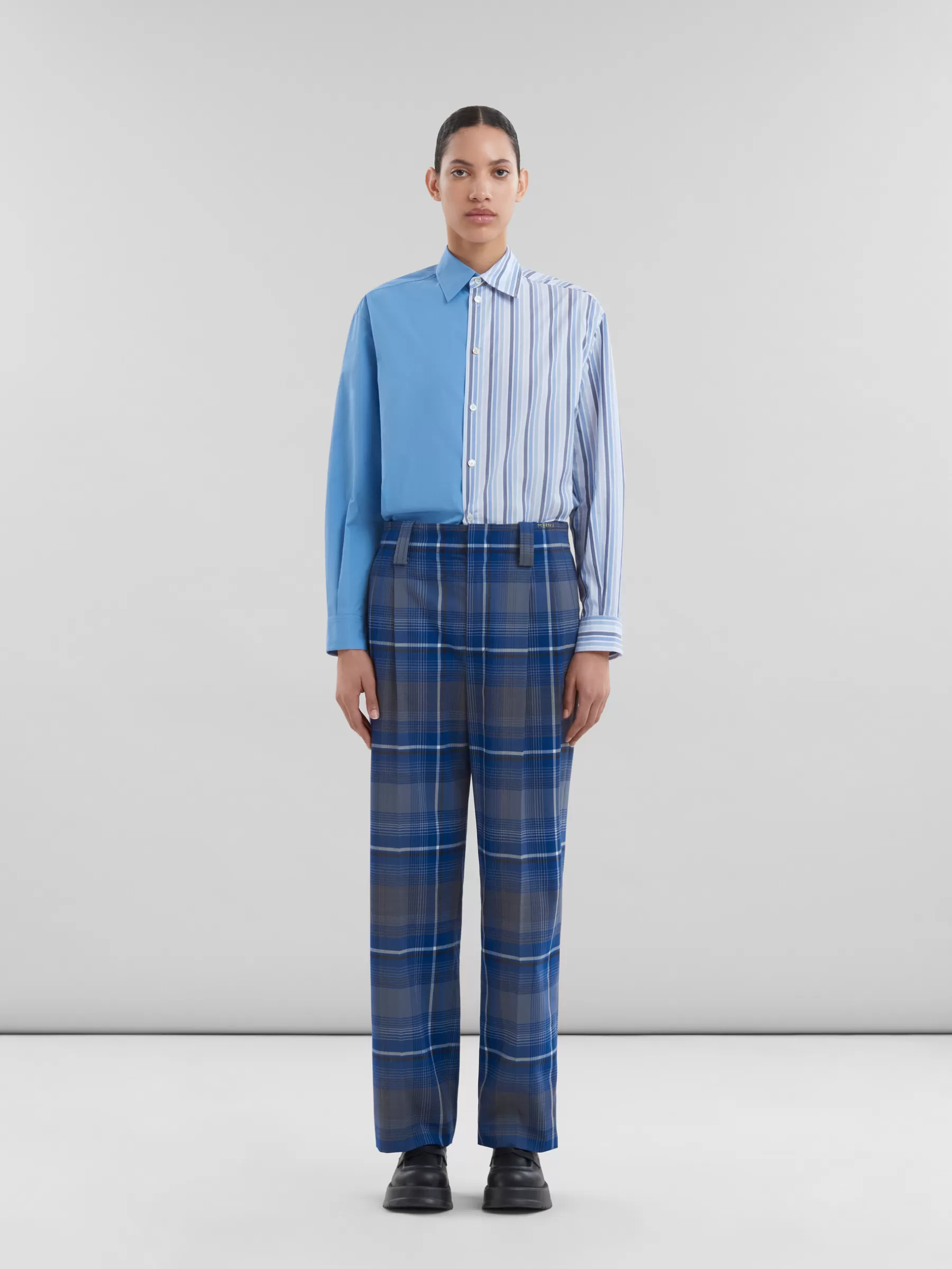 Marni Blue Checked Virgin Wool Pleated Trousers MAZARINEBLUE Cheap