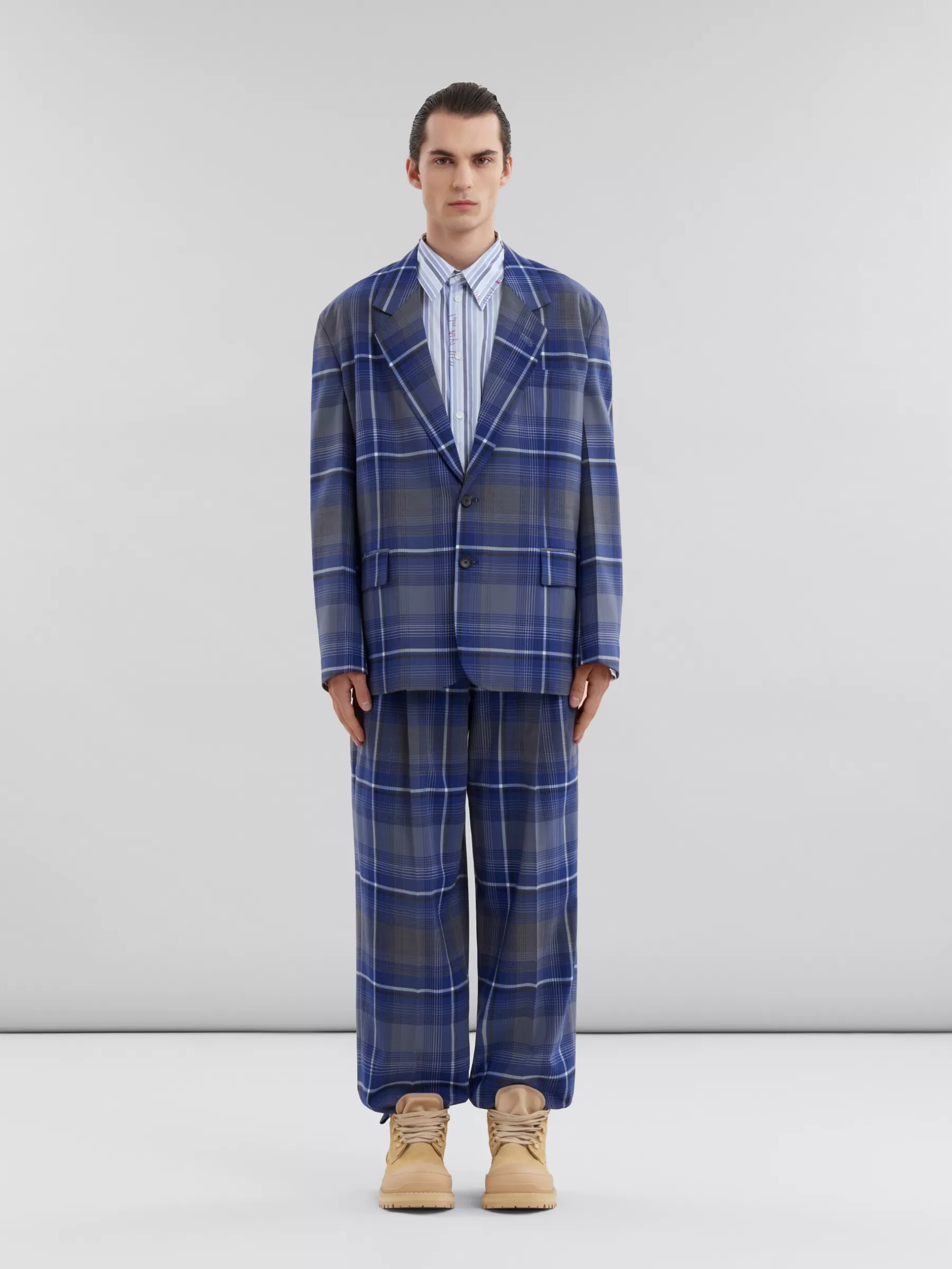 Marni Blue Checked Wool Blazer With Mending MAZARINEBLUE Best