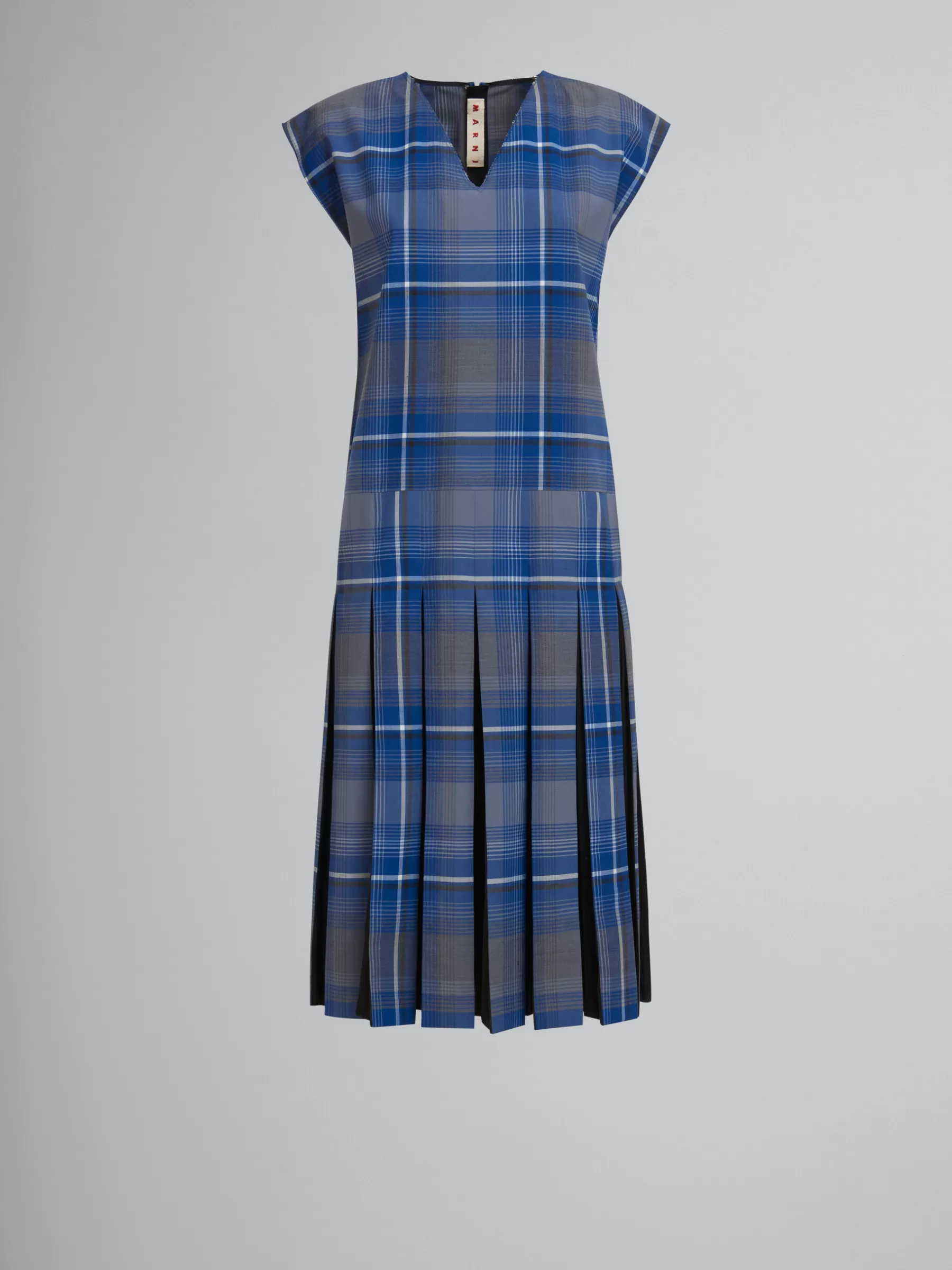 Marni Blue Checked Wool Blend Dress With Contrast Pleats MAZARINEBLUE Sale