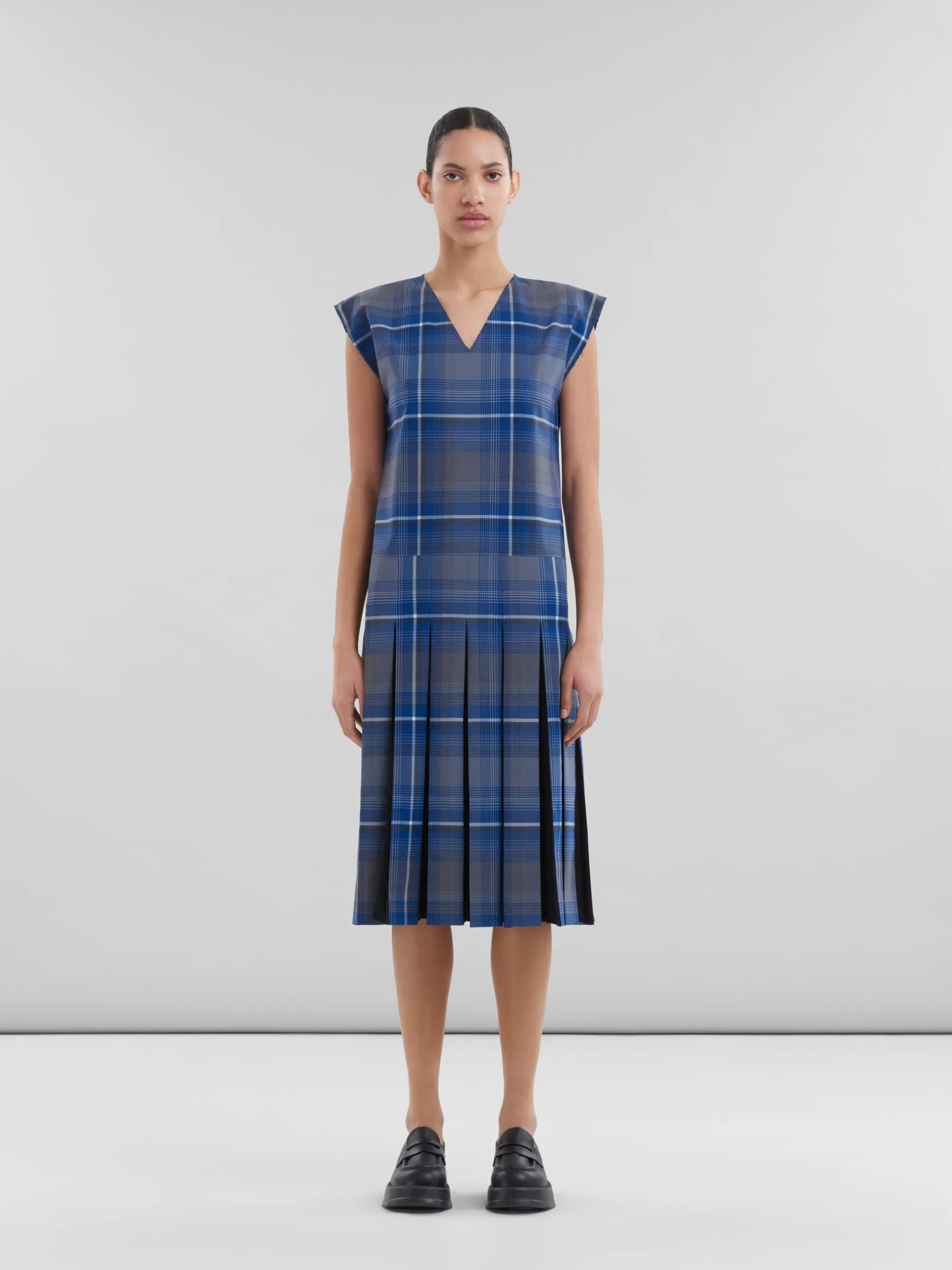 Marni Blue Checked Wool Blend Dress With Contrast Pleats MAZARINEBLUE Sale