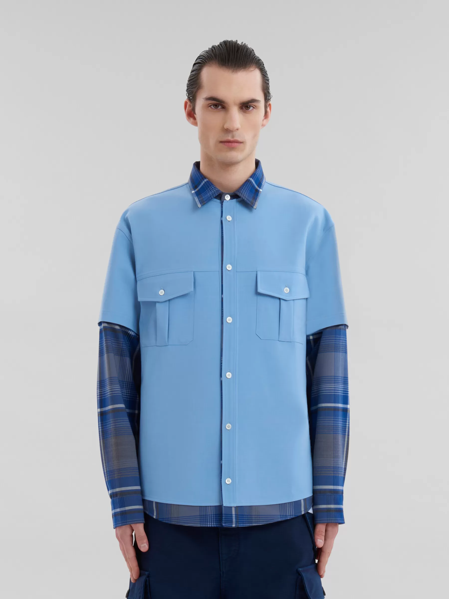 Marni Blue Checked Wool Multi-garment Shirt MAZARINEBLUE Clearance