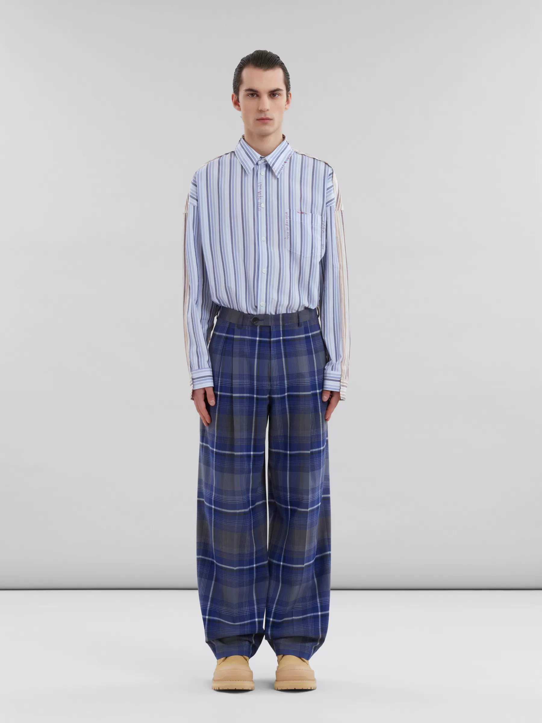 Marni Blue Checked Wool Pleated Trousers MAZARINEBLUE Hot