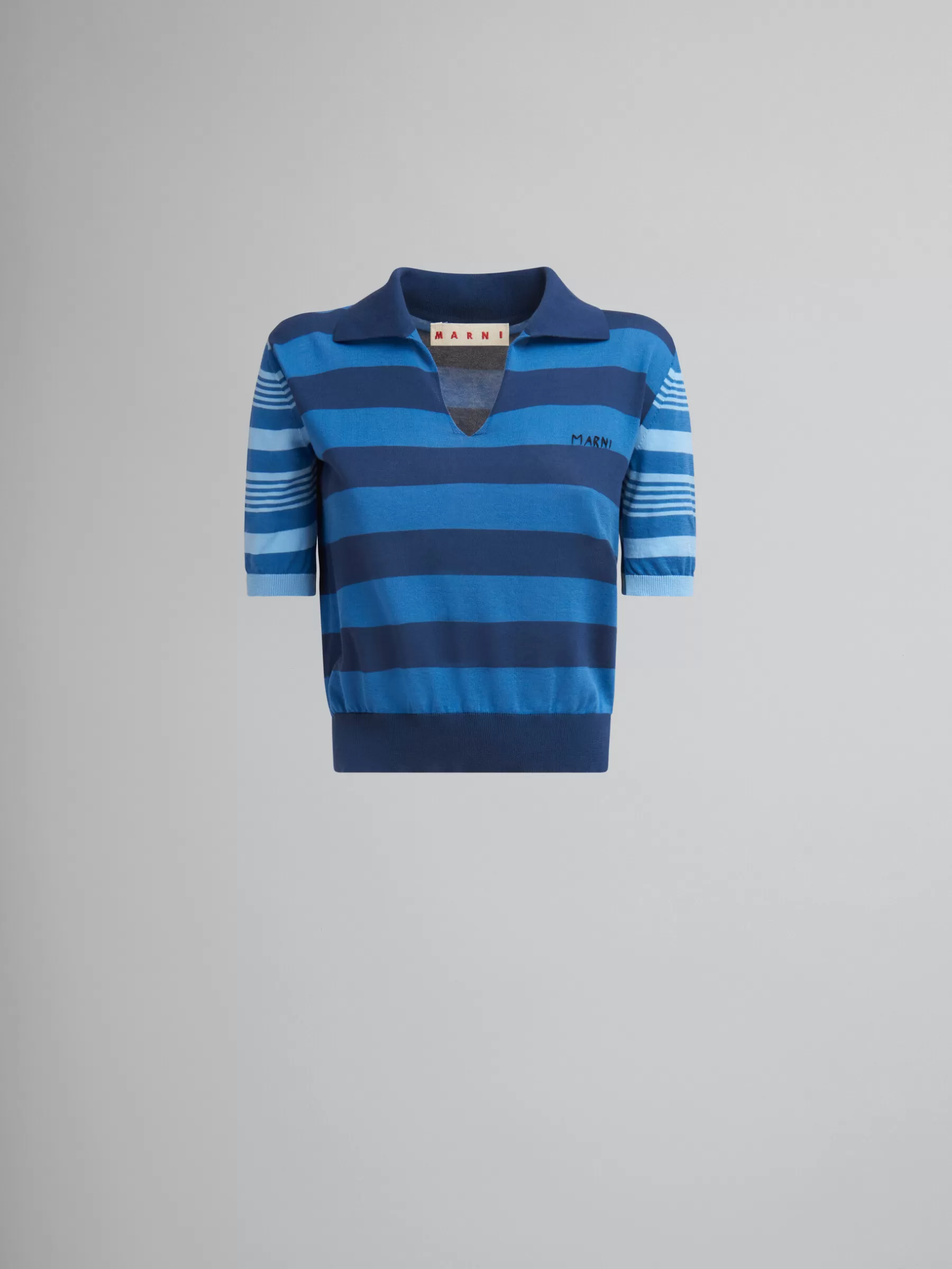 Marni Blue Contrast-stripe Light Cotton Short-sleeved Jumper AZURE Cheap