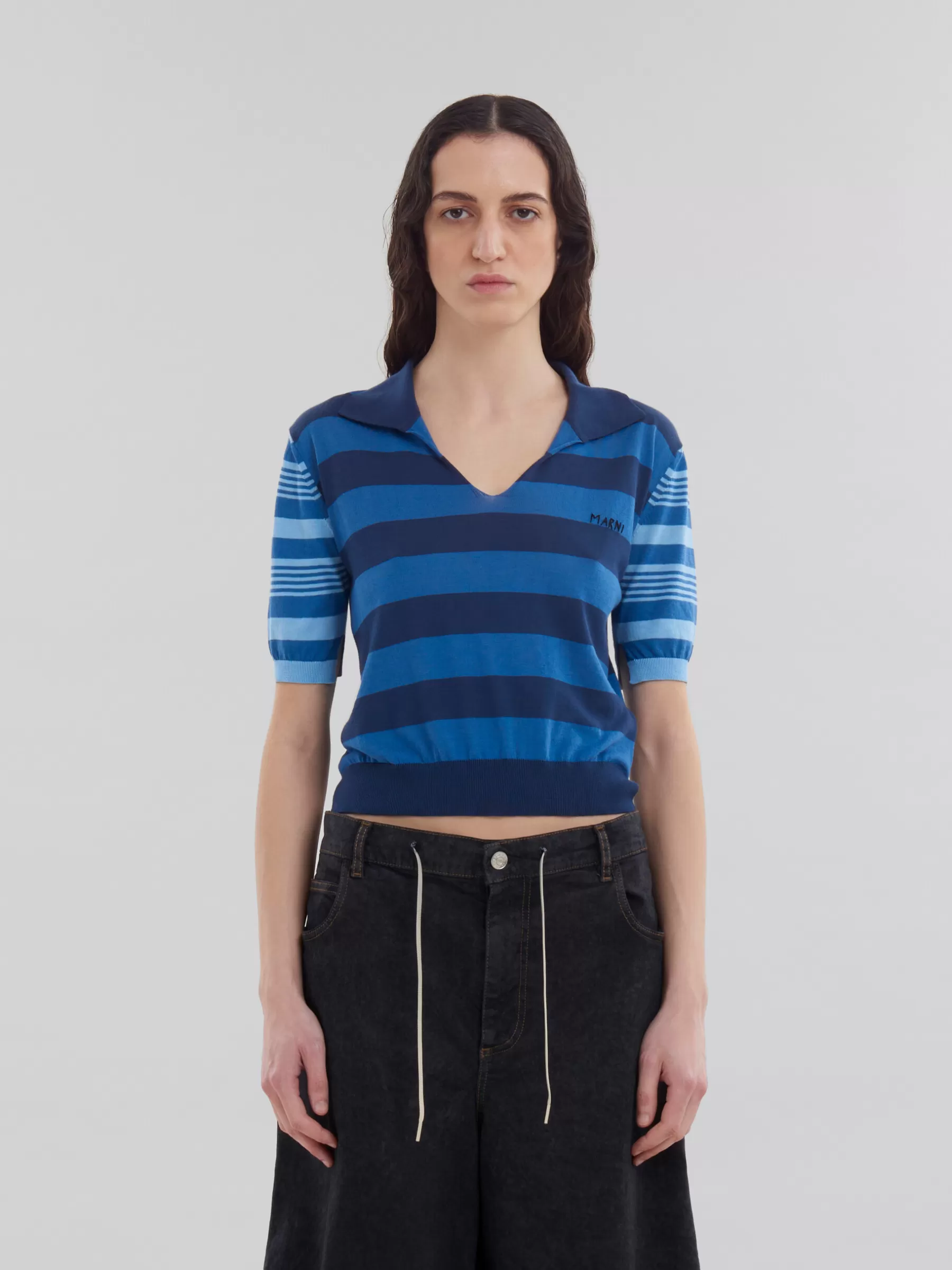 Marni Blue Contrast-stripe Light Cotton Short-sleeved Jumper AZURE Cheap