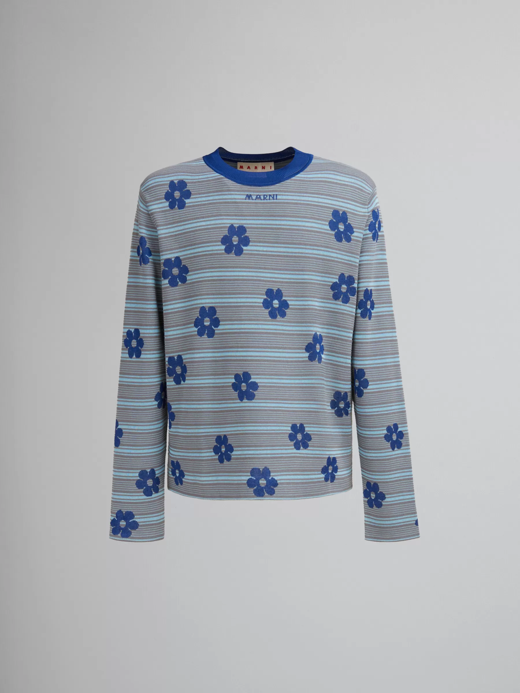 Marni Blue Cotton-viscose Striped Jumper With Floral Motif MAZARINEBLUE Best