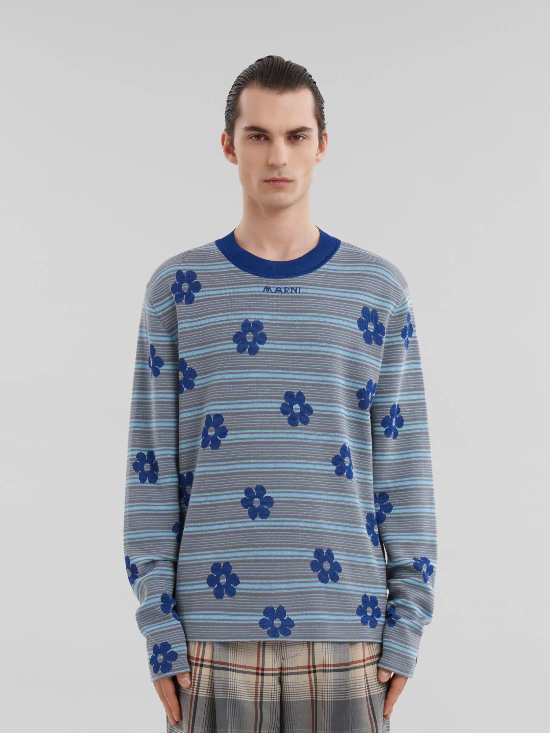 Marni Blue Cotton-viscose Striped Jumper With Floral Motif MAZARINEBLUE Best