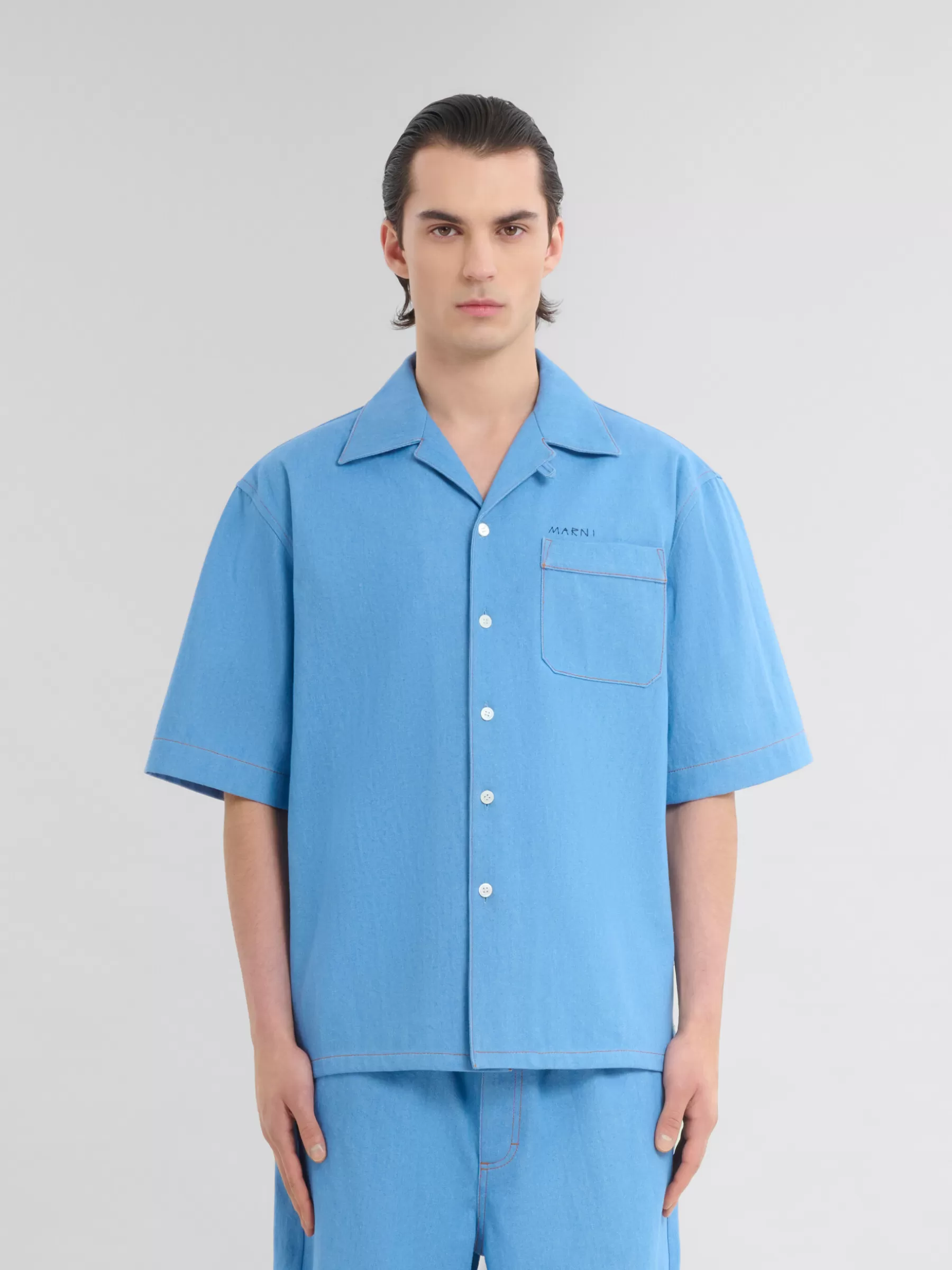 Marni Blue Denim Bowling Shirt With Mending Logo AZURE Cheap