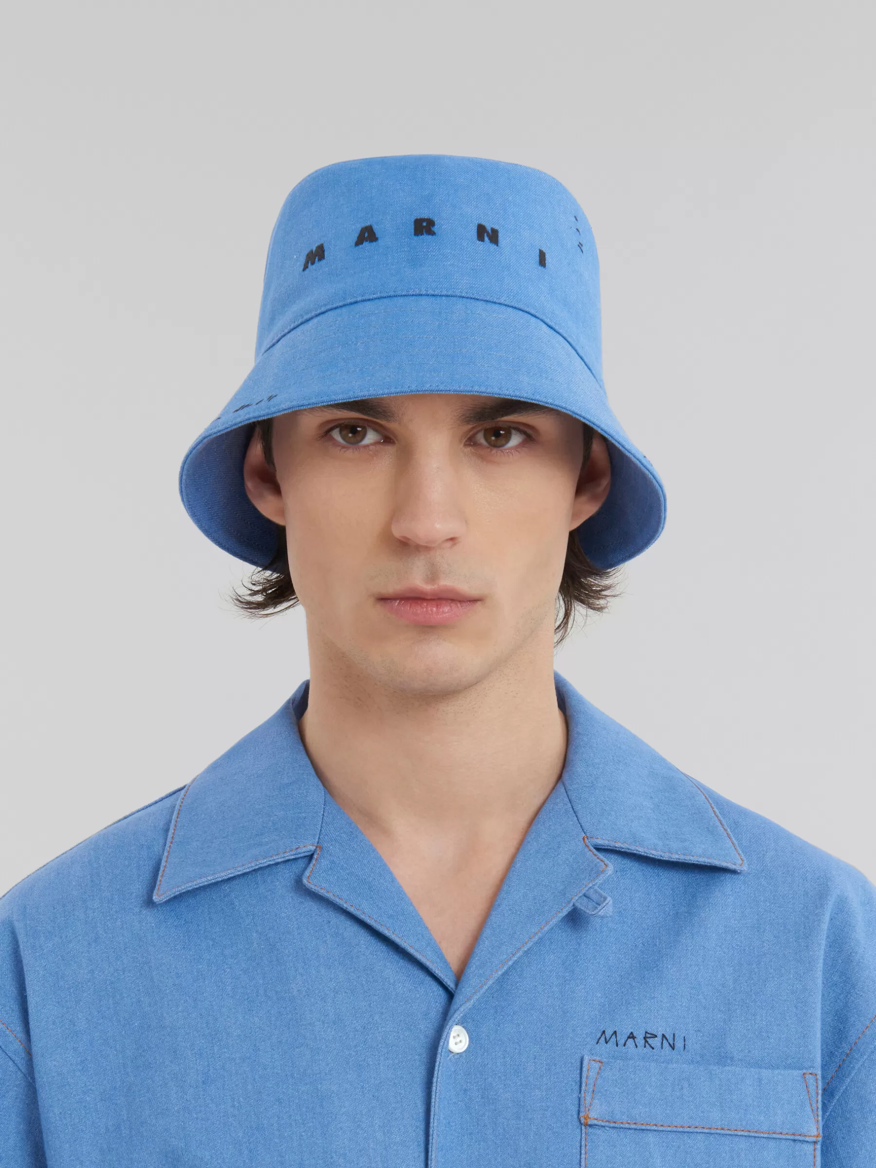 Marni Blue Denim Bucket Hat With Mending AZURE Store