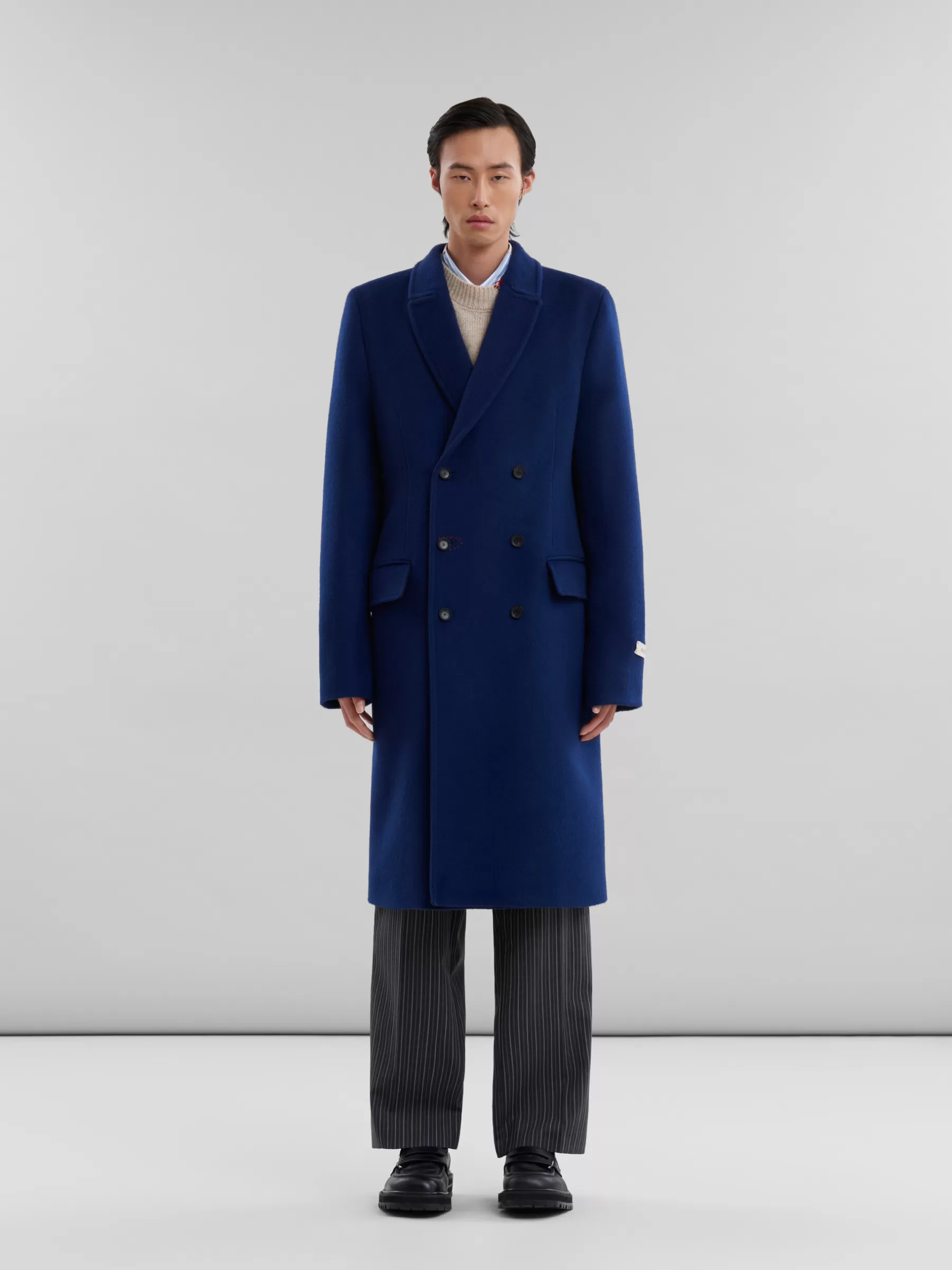 Marni Blue Felt Double-breasted Coat With Mending LIGHTNAVY Shop