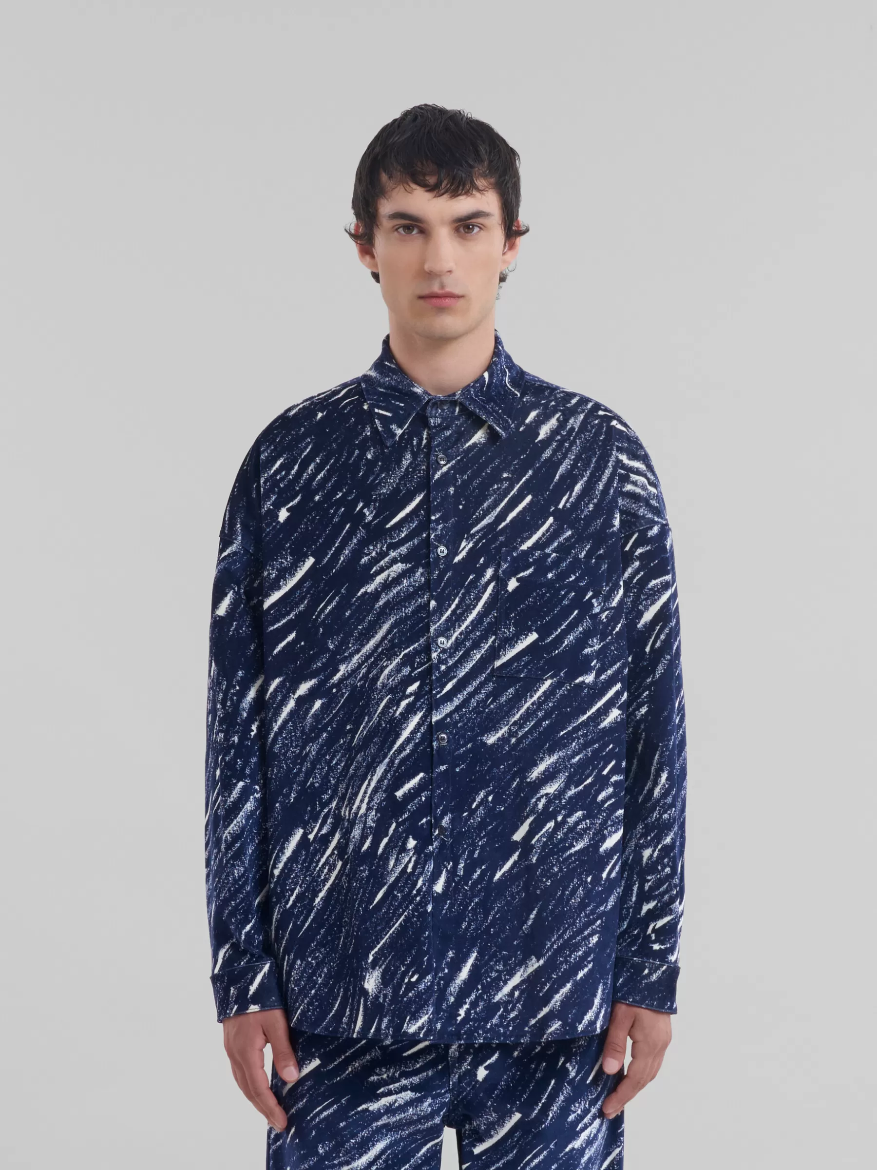 Marni Blue Flocked Denim Oversized Shirt With Crayon Print TONIC Hot