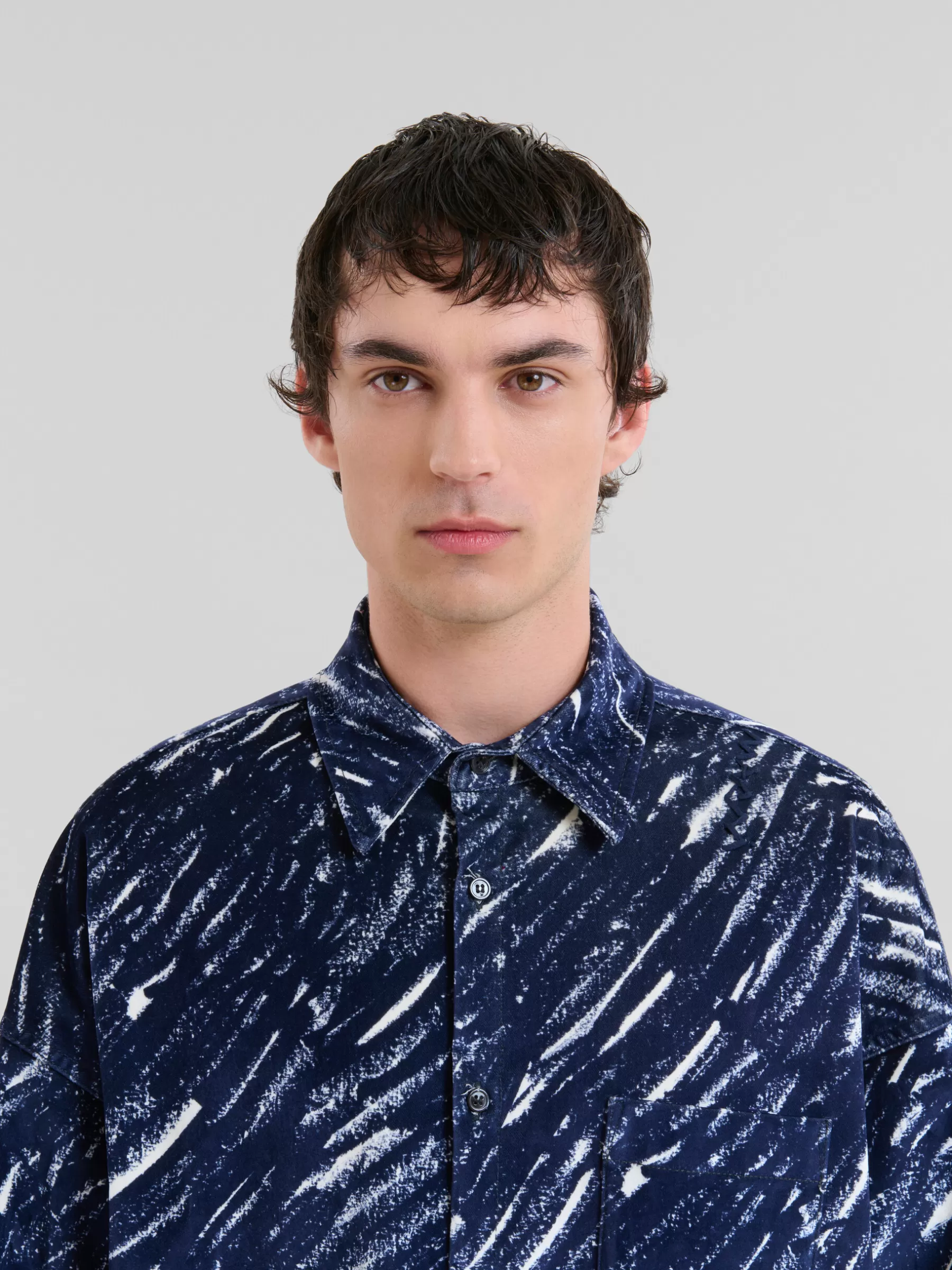 Marni Blue Flocked Denim Oversized Shirt With Crayon Print TONIC Hot