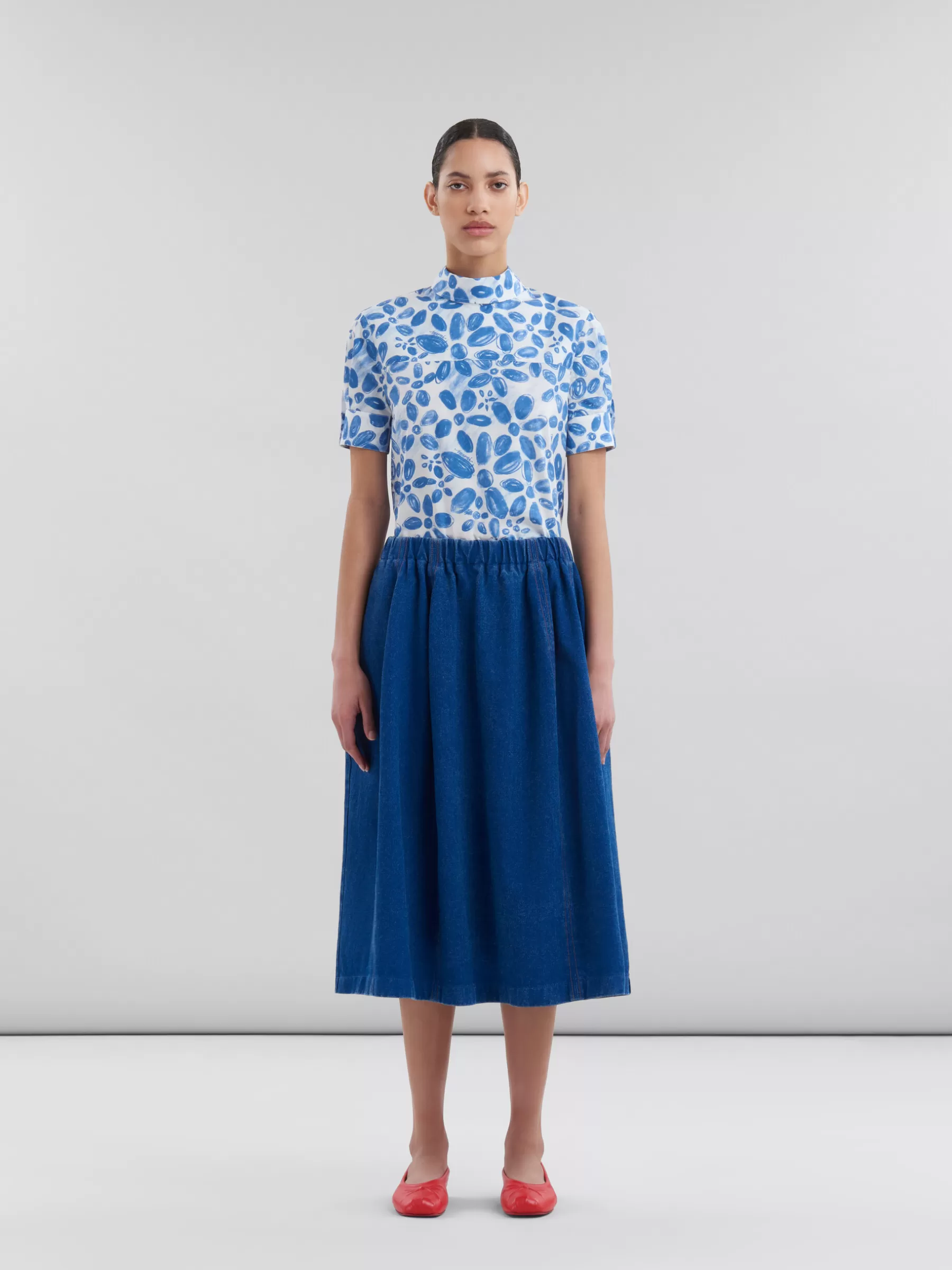 Marni Blue Organic Denim Elasticated Midi Skirt OCEAN Online