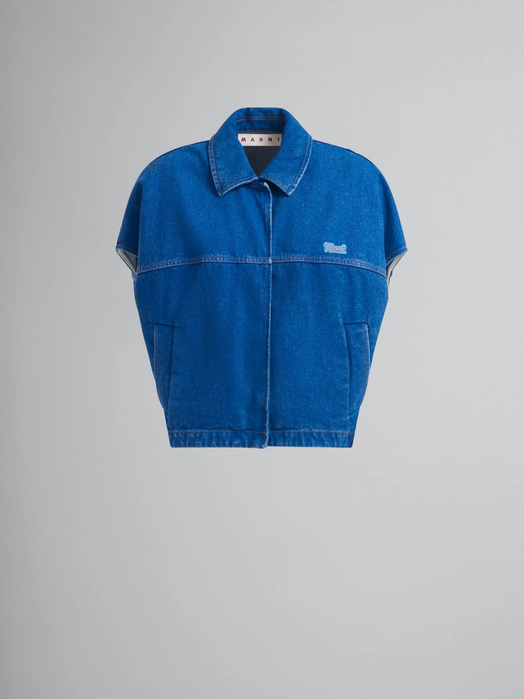 Marni Blue Organic Denim Short-sleeved Jacket With Logo Patch OCEAN Fashion