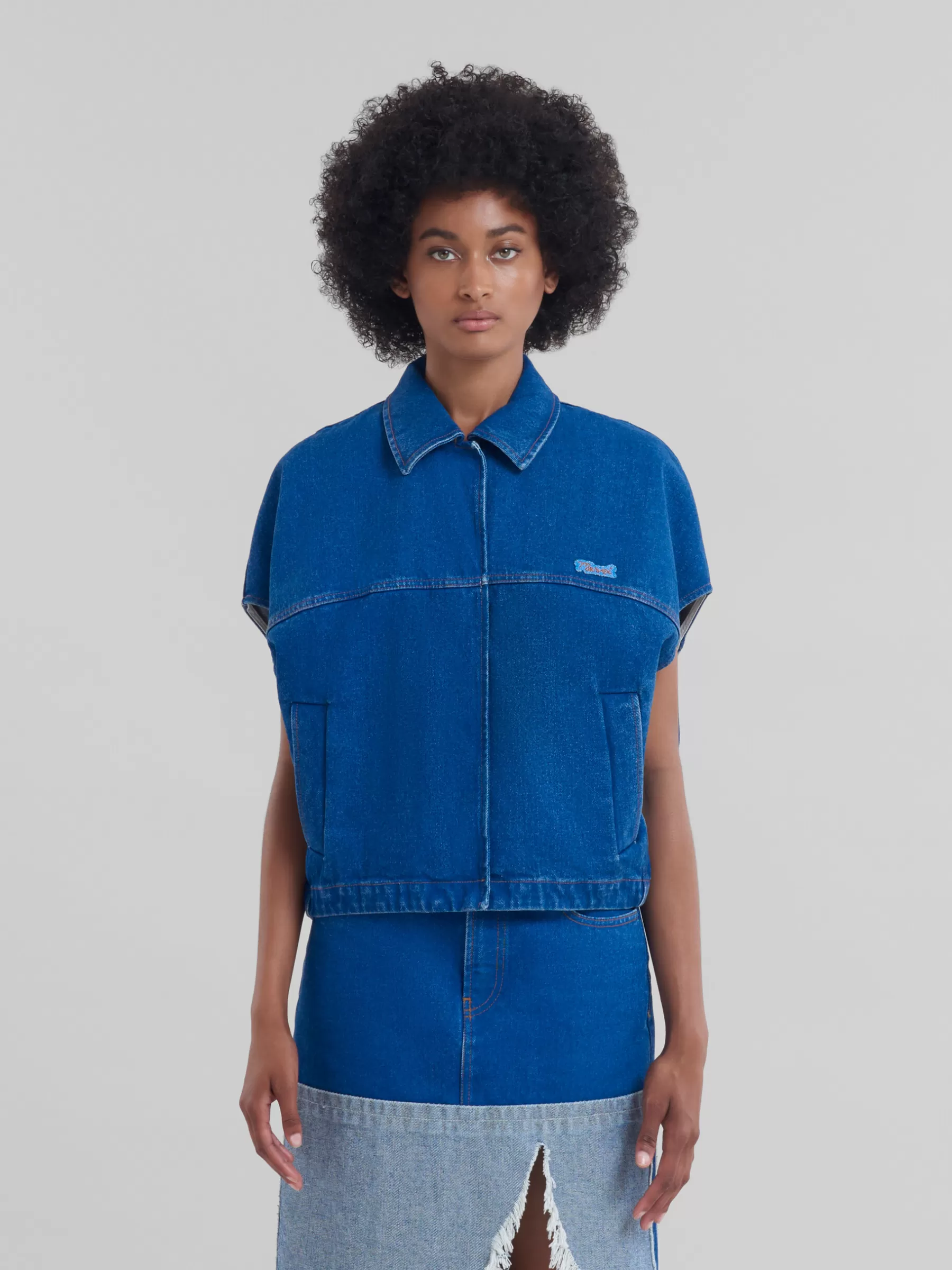 Marni Blue Organic Denim Short-sleeved Jacket With Logo Patch OCEAN Fashion