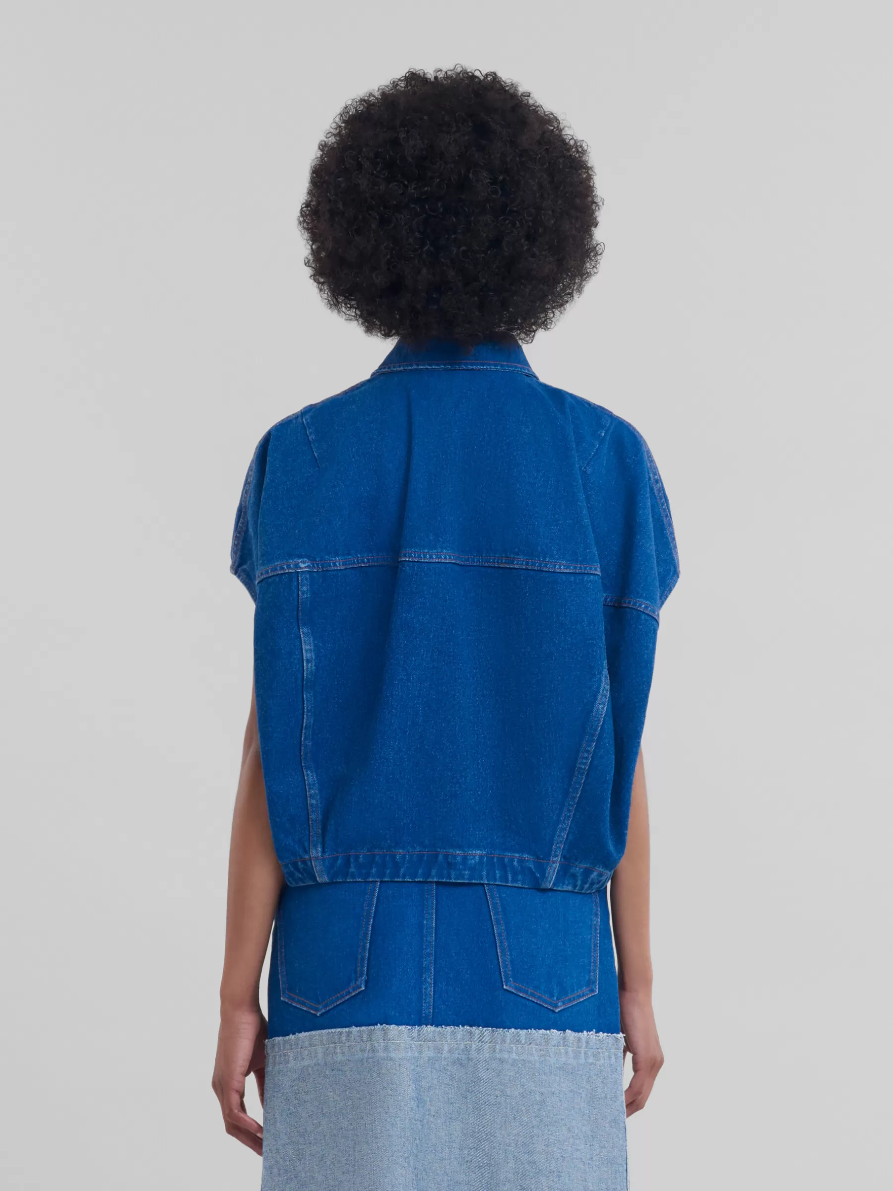 Marni Blue Organic Denim Short-sleeved Jacket With Logo Patch OCEAN Fashion