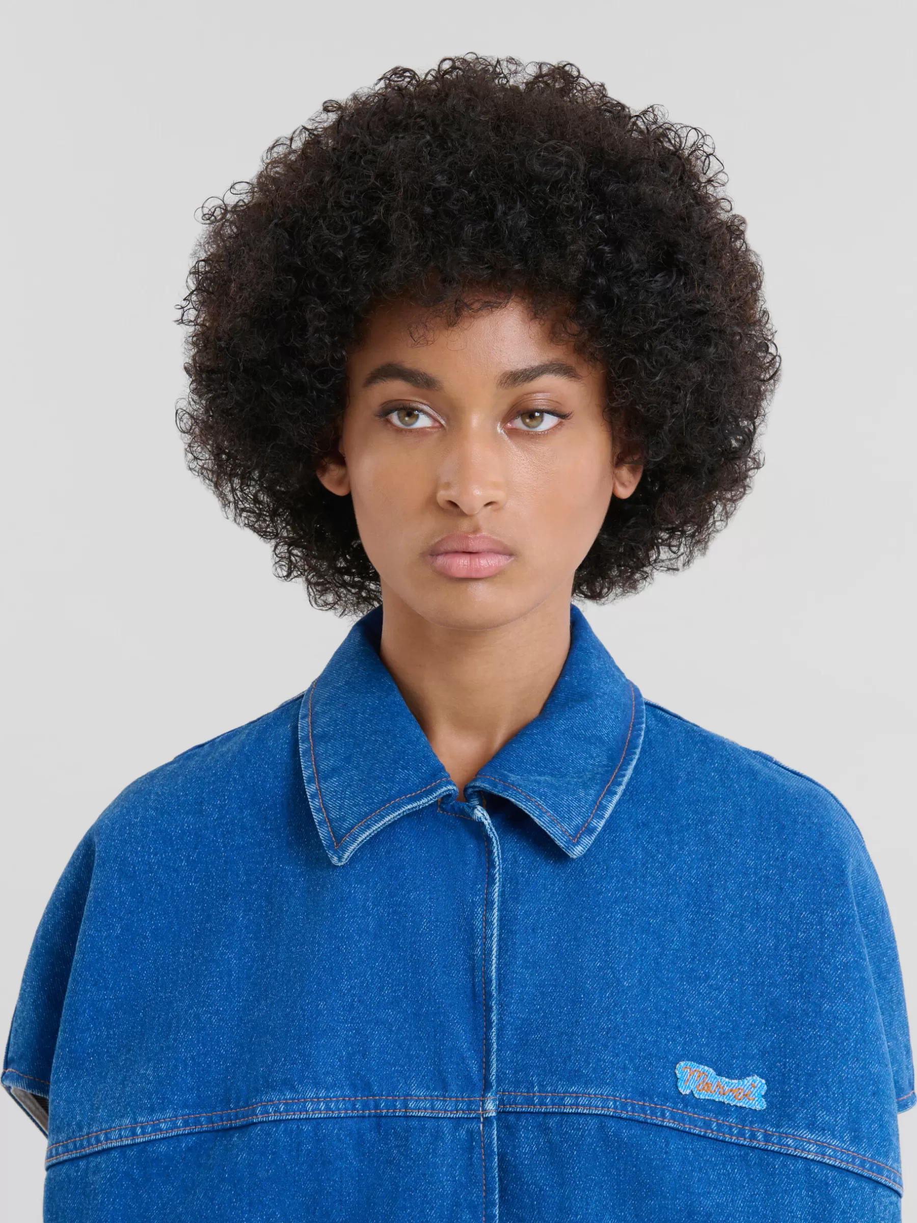 Marni Blue Organic Denim Short-sleeved Jacket With Logo Patch OCEAN Fashion