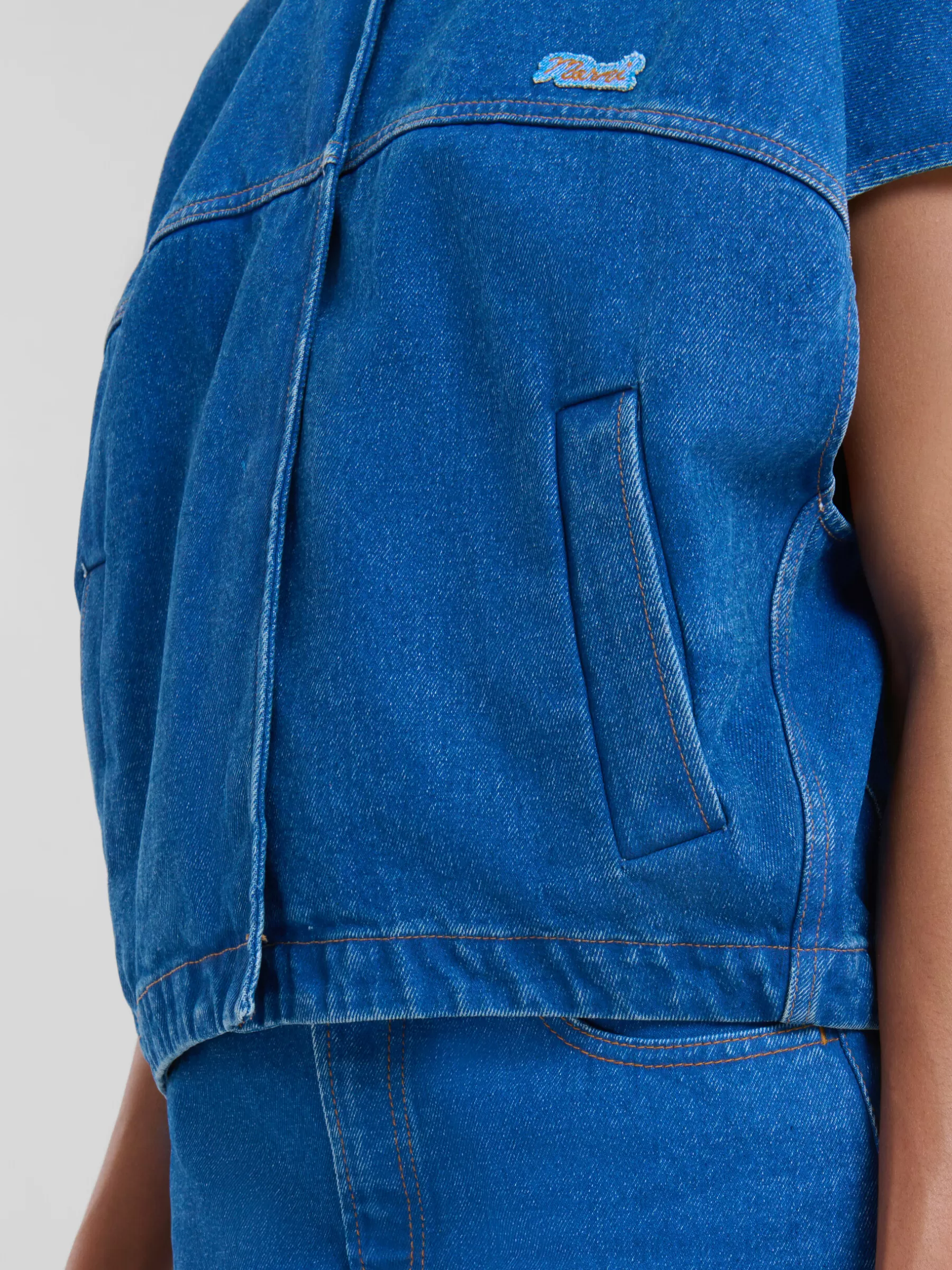 Marni Blue Organic Denim Short-sleeved Jacket With Logo Patch OCEAN Fashion