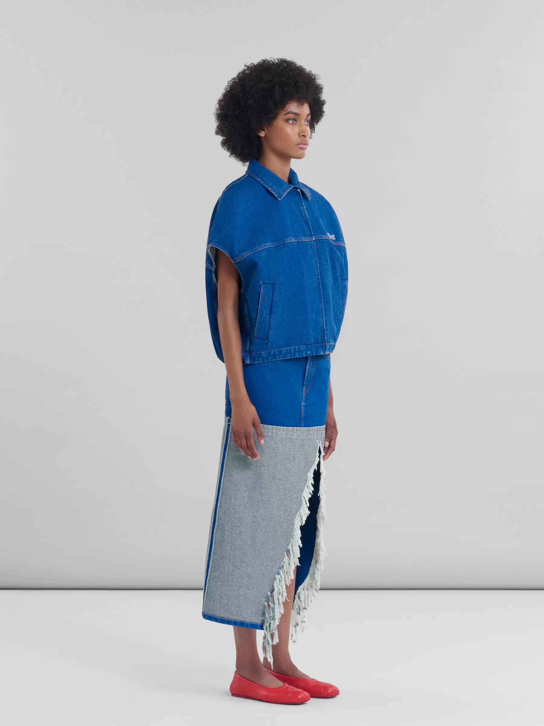 Marni Blue Organic Denim Short-sleeved Jacket With Logo Patch OCEAN Fashion