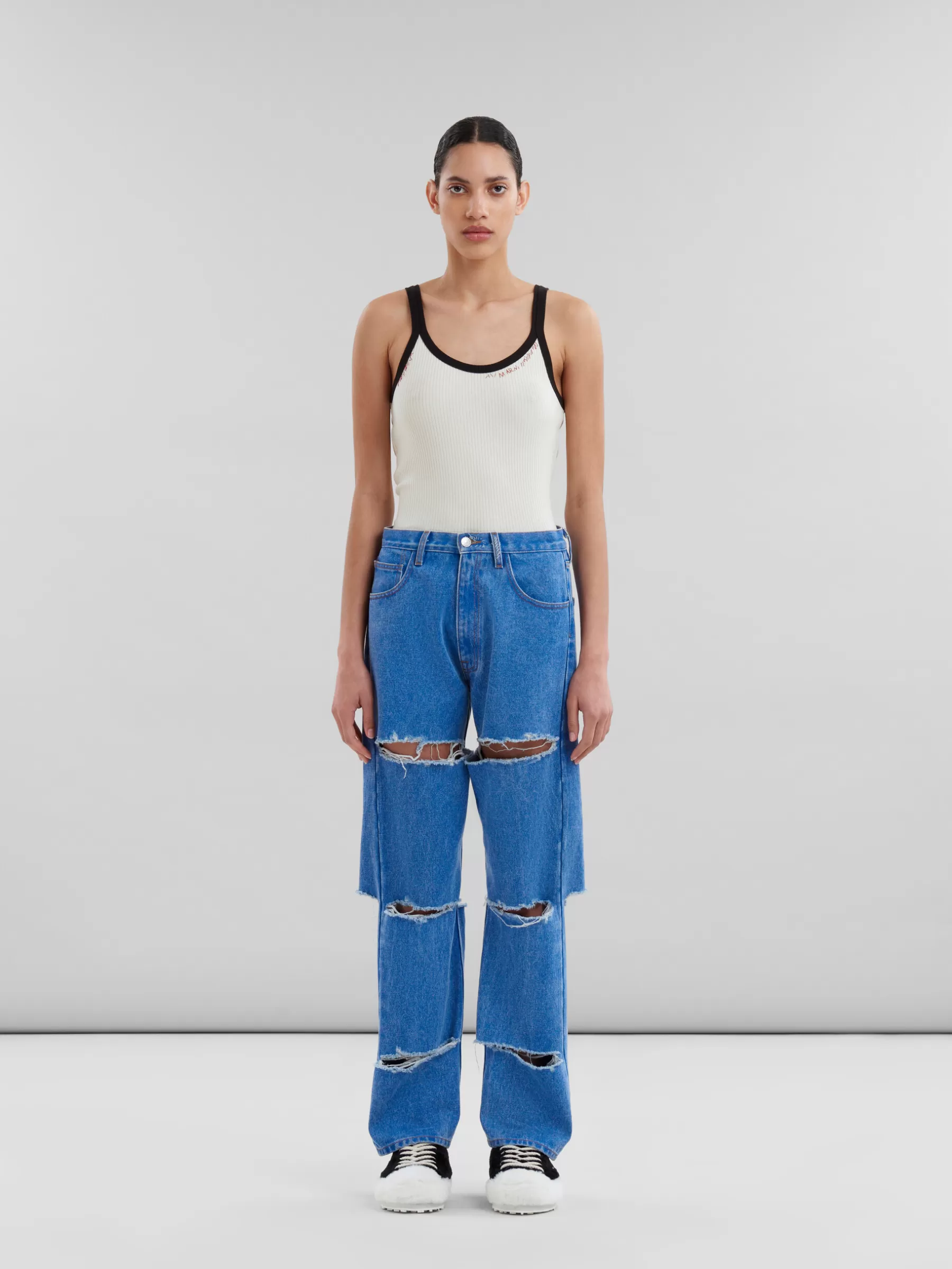 Marni Blue Organic Denim Slashed Boyfriend Jeans COBALT Flash Sale