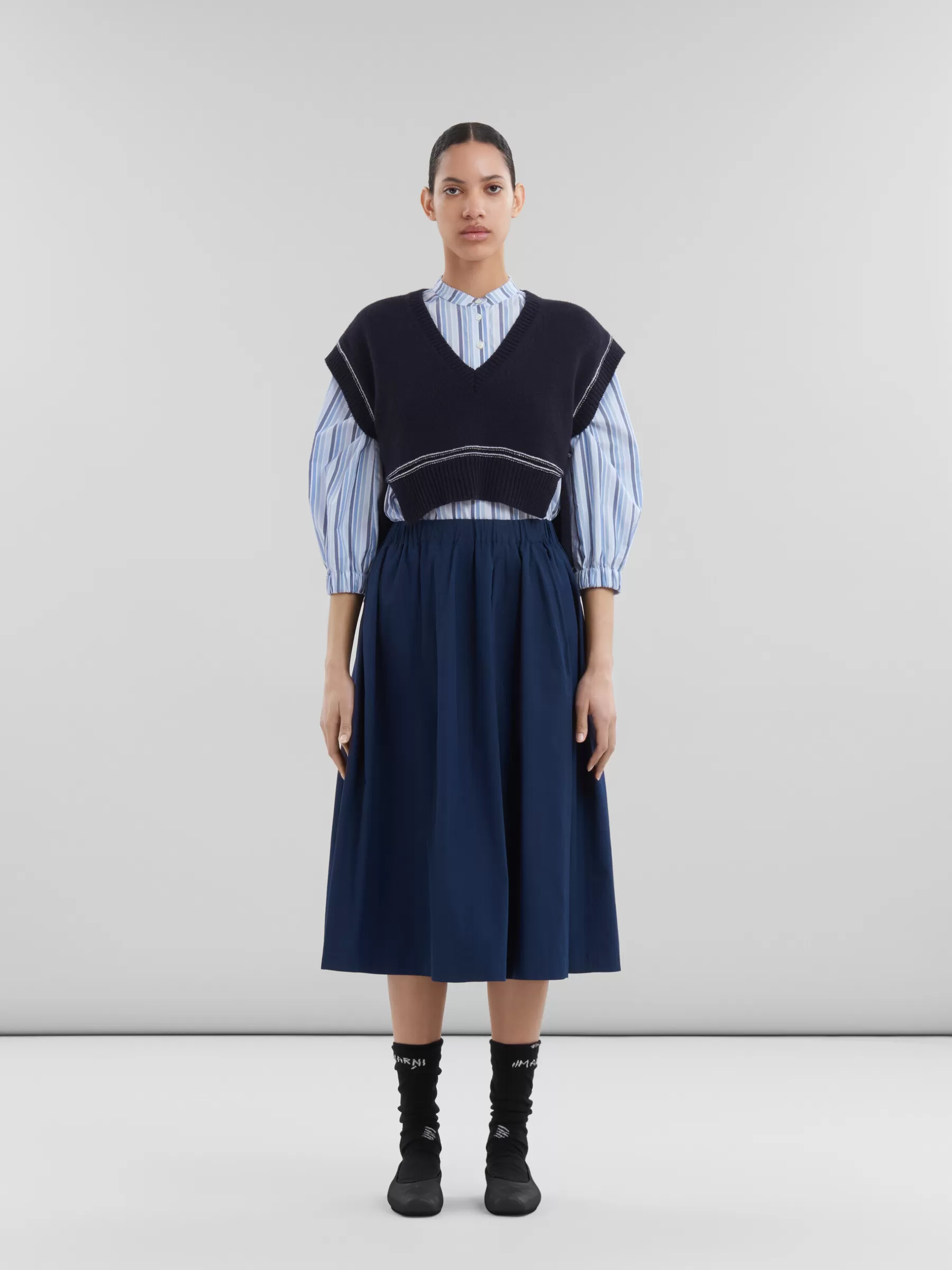 Marni Blue Organic Poplin Elasticated Midi Skirt LIGHTNAVY Store