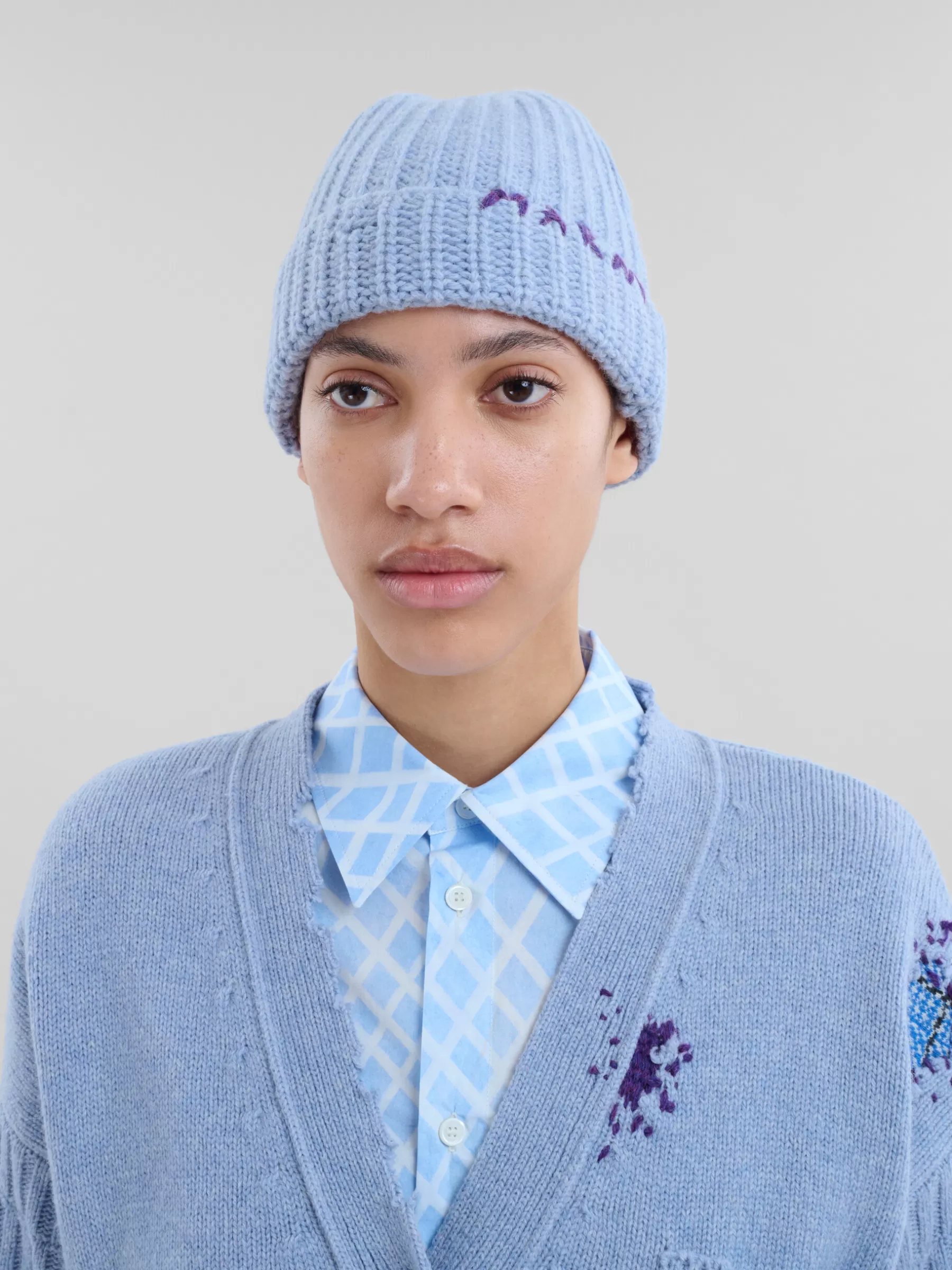 Marni Blue Shetland Wool Beanie With Mending SMOKEBLUE Store