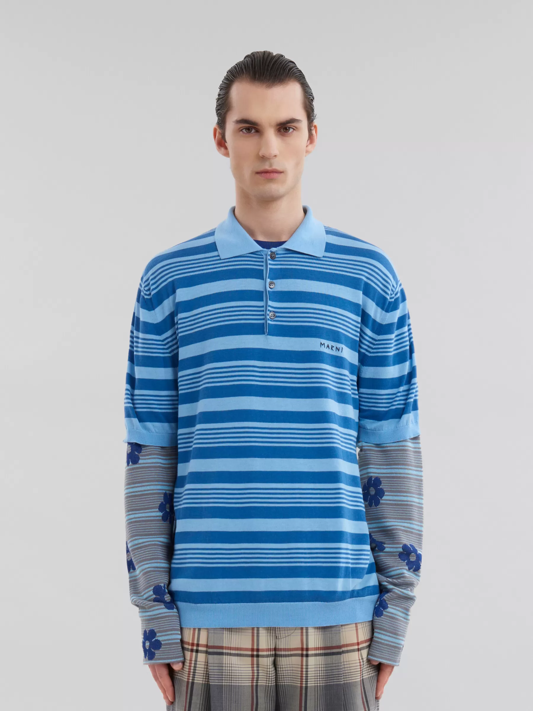 Marni Blue Striped Cotton Polo Shirt With Mending AZURE Online