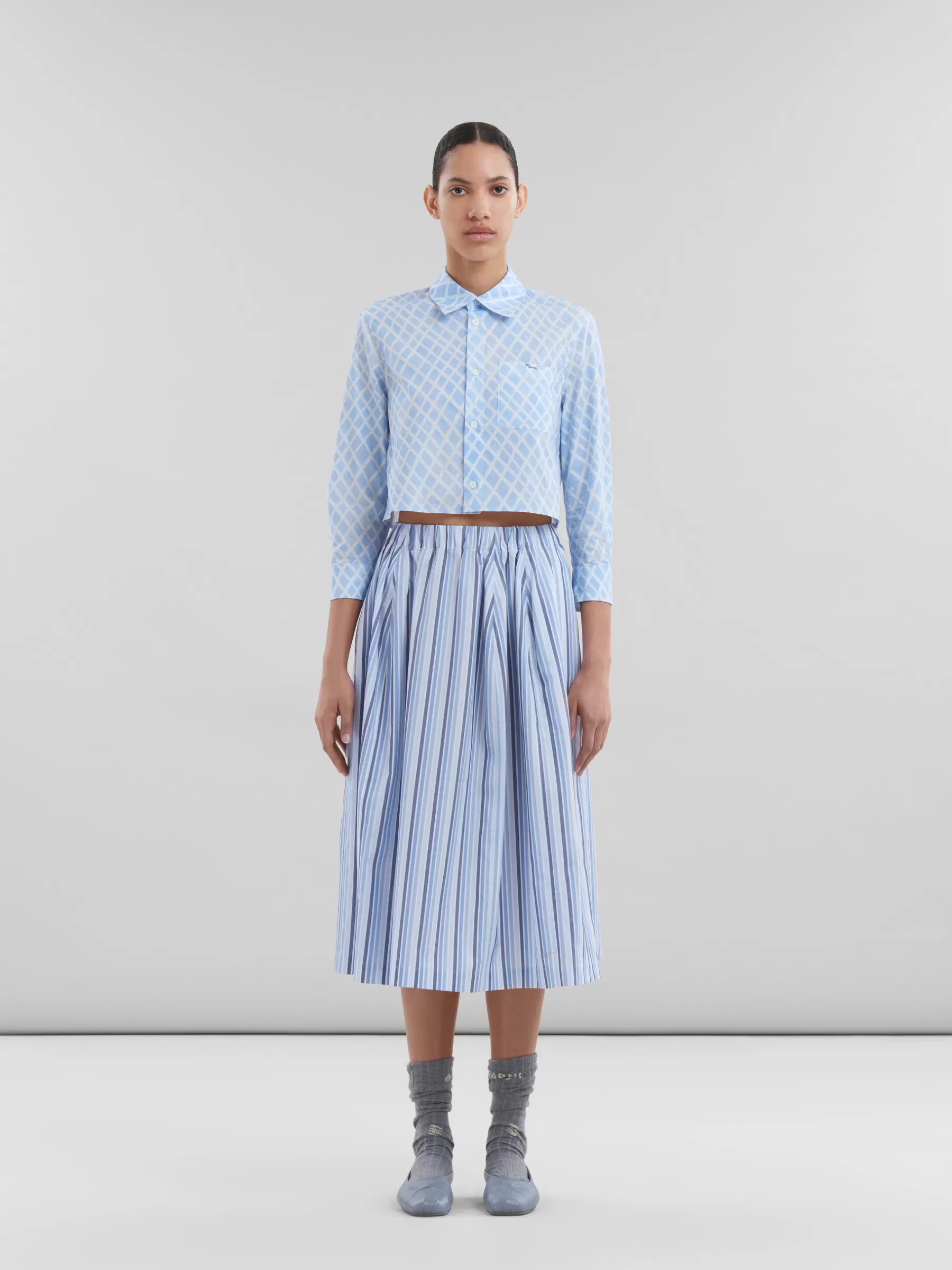 Marni Blue Striped Organic Poplin Elasticated Midi Skirt LAKE Shop