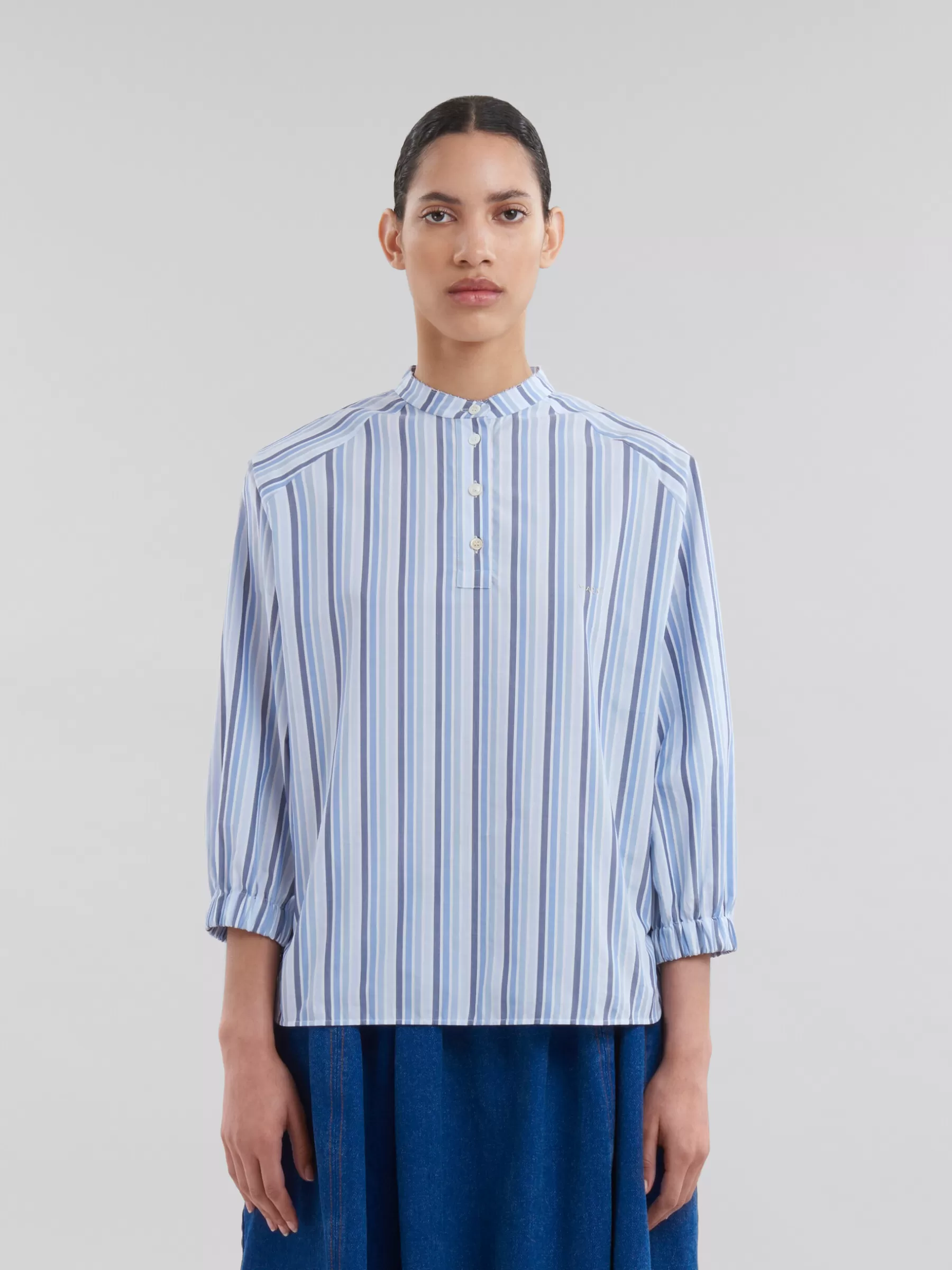 Marni Blue Striped Poplin Top With Mandarin Collar LAKE Flash Sale